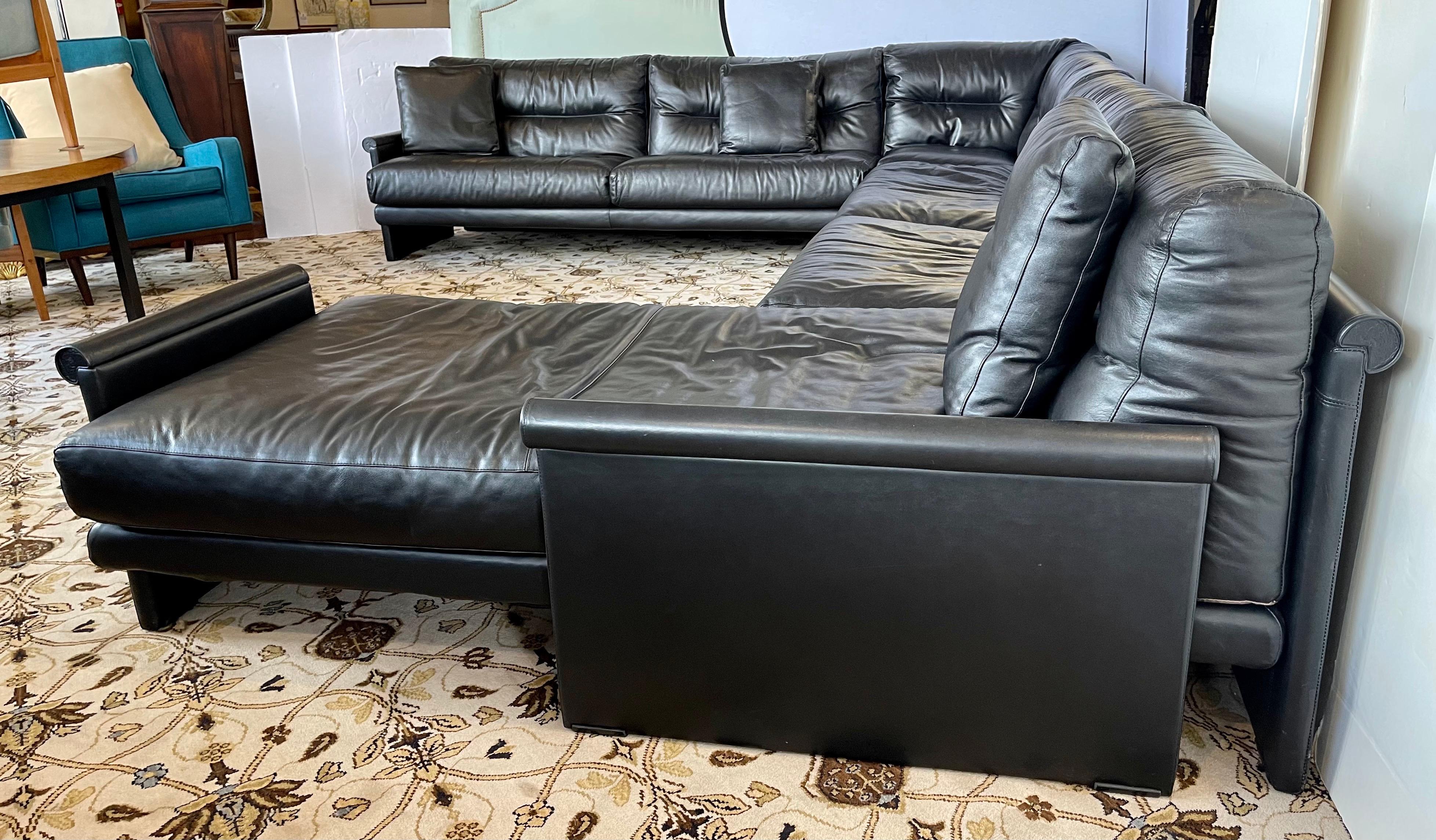 Authentic Saporiti Italia Large Sleek Black Leather Sofa Sectional Made in Italy 1