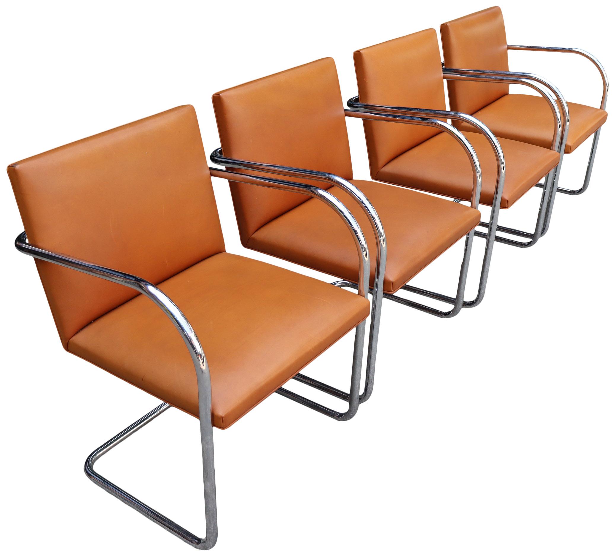 For your consideration are these beautiful saddle brown leather Brno chairs by Knoll. Featuring chromed tubular frame on nicely patinated leather. 

Leather style- Spinneybeck Volo Tobacco vz2121.