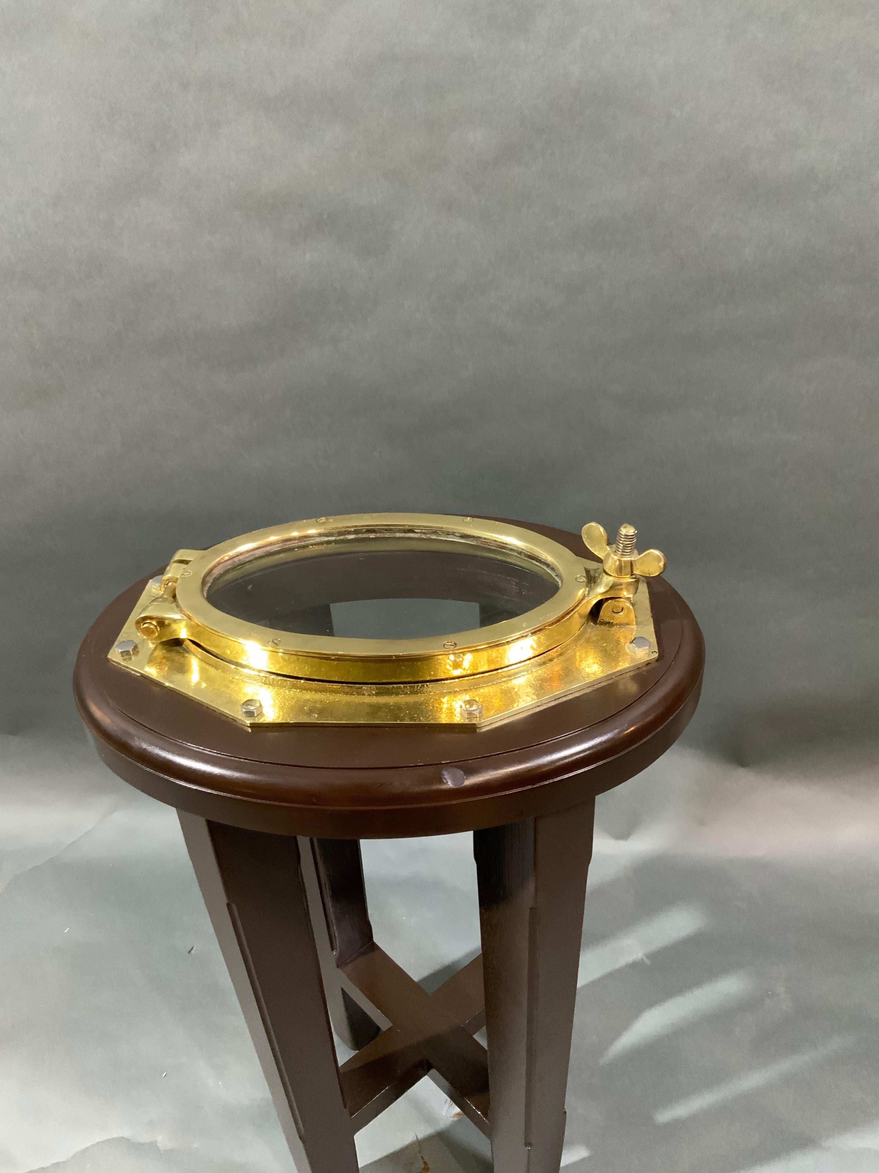 Authentic Solid Brass Boat Porthole Table In Excellent Condition For Sale In Norwell, MA