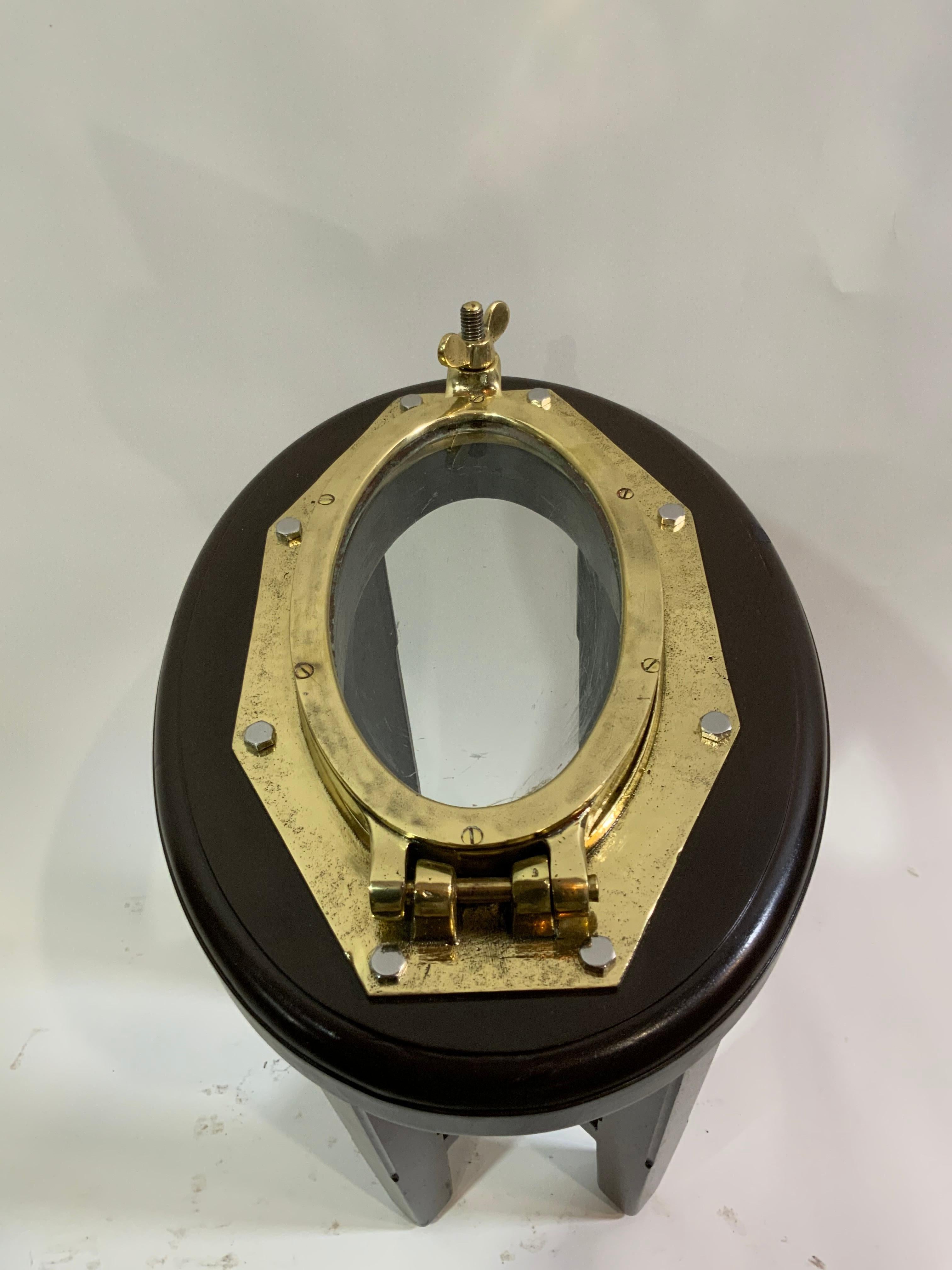 Wood Authentic Solid Brass Boat Porthole Table For Sale