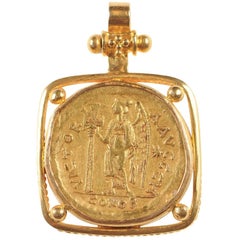 Retro Authentic Solidus Roman Imperial Coin in 22k Gold Necklace Pendant, circa 476 AD