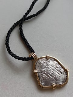 Authentic Spanish-American Silver Cob Pendant in 14K Yellow Gold Bezel