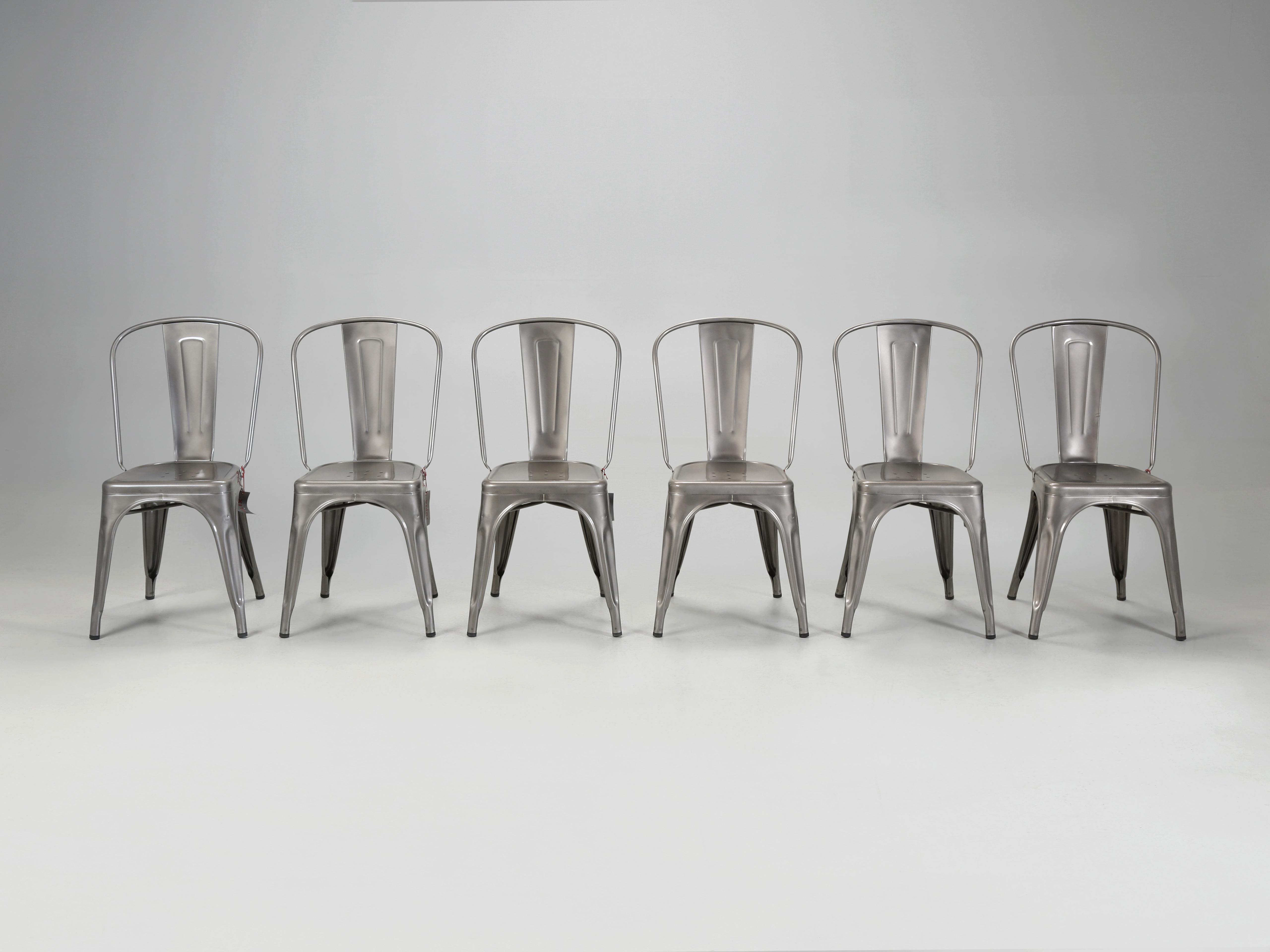 Authentic Steel French Tolix Set of (6) Classic Glossy Grey Powder-Coated Chairs. Tolix Dining Chairs have been hand-made in France for almost 100-years. This is a set of 6 Genuine Steel Tolix Stacking Chairs designed to be stacked 10 high. Our set