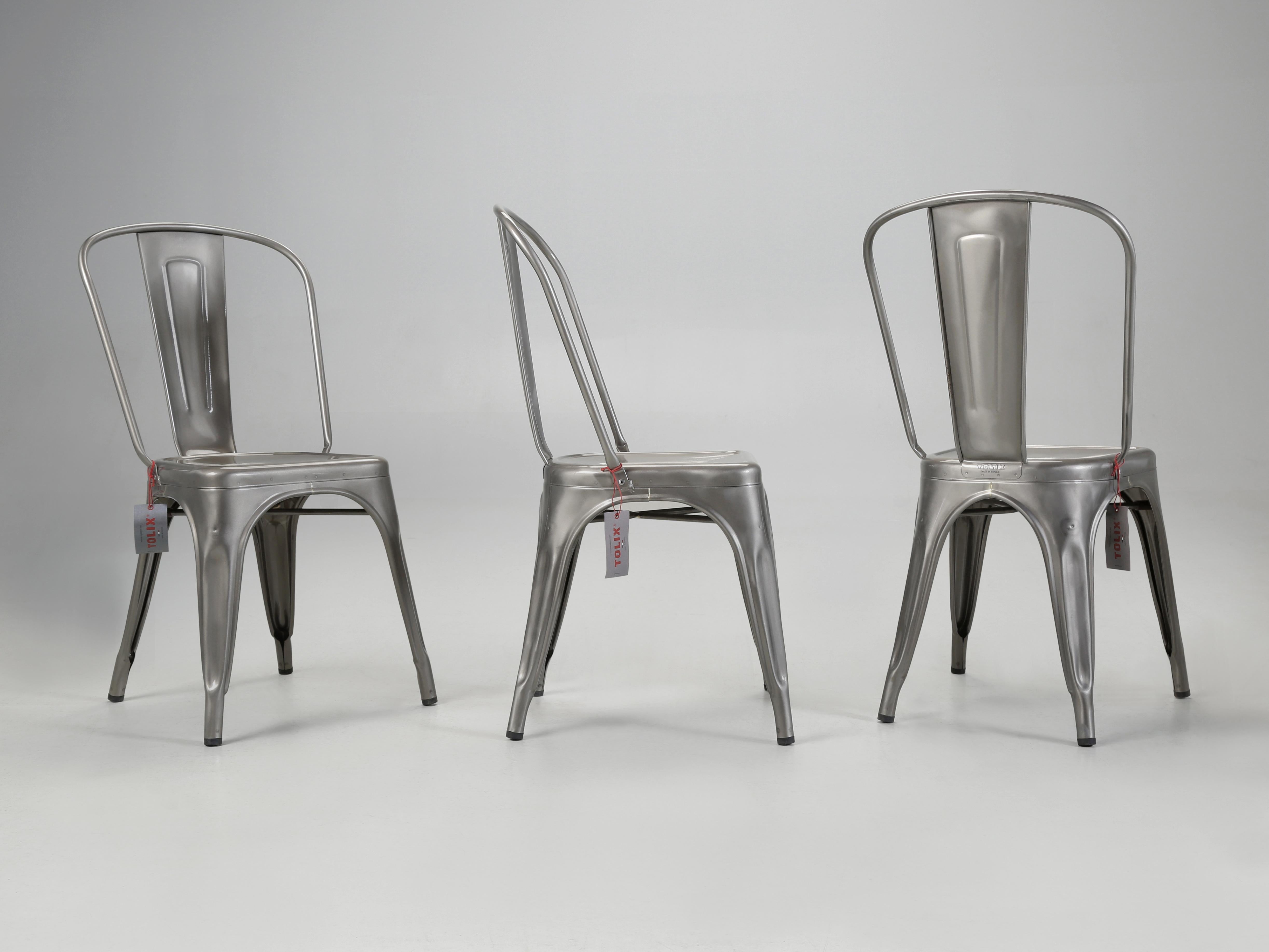 Hand-Crafted Authentic Steel French Tolix Set of (6) Classic Glossy Grey Powder-Coated Chairs For Sale