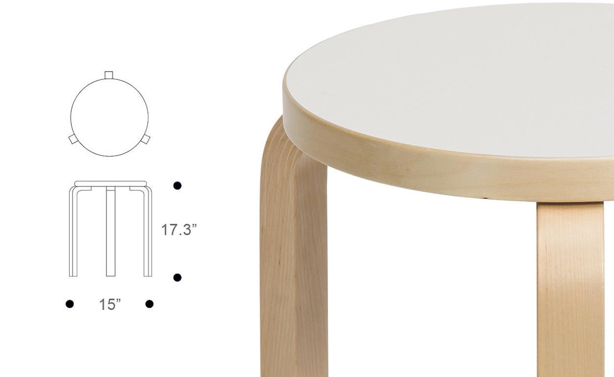 Authentic Stool 60 in lacquered birch with laminate seat by Alvar Aalto & Artek. In the late 1920s, architect and designer Alvar Aalto began experimenting with bending wood. In collaboration with furniture manufacturer Otto Korhonen, the Finnish