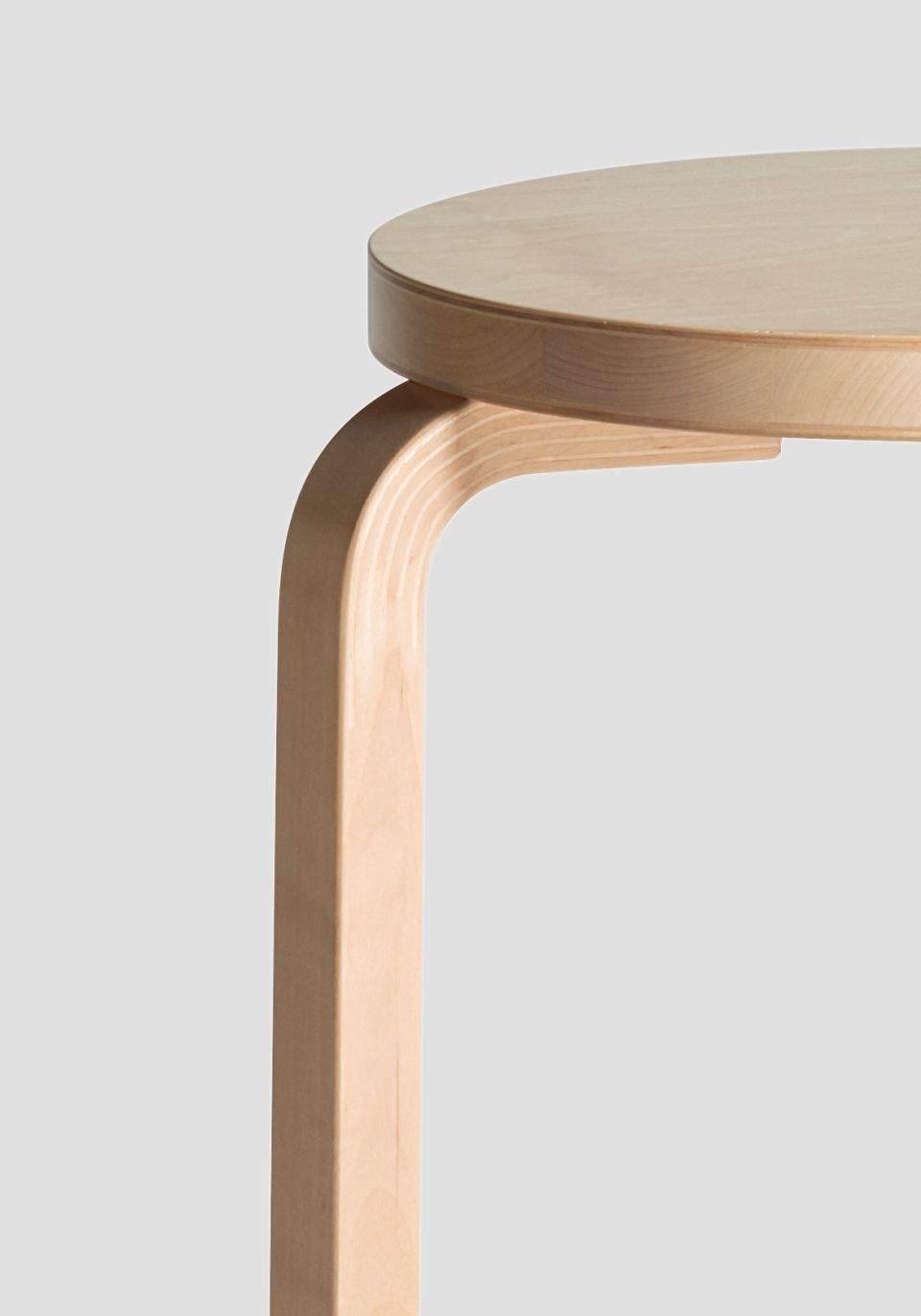 Authentic Stool E60 in birch by Alvar Aalto & Artek. Projecting a sense of relaxed familiarity, Stool E60 is equally suited to the home, public buildings, and educational facilities. The legs are mounted directly to the underside of the round seat