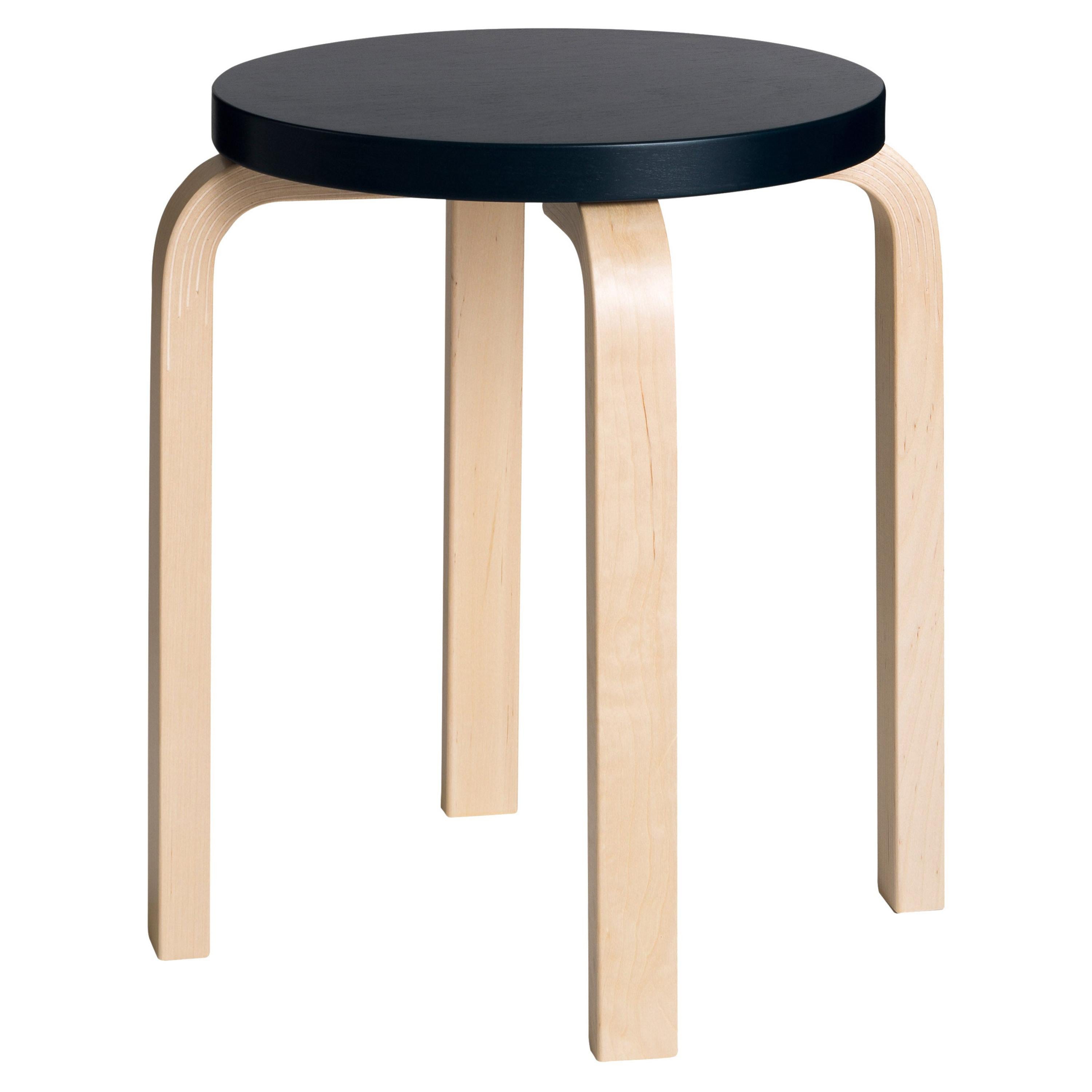 Authentic Stool E60 in Black Lacquer and Birch by Alvar Aalto & Artek For Sale