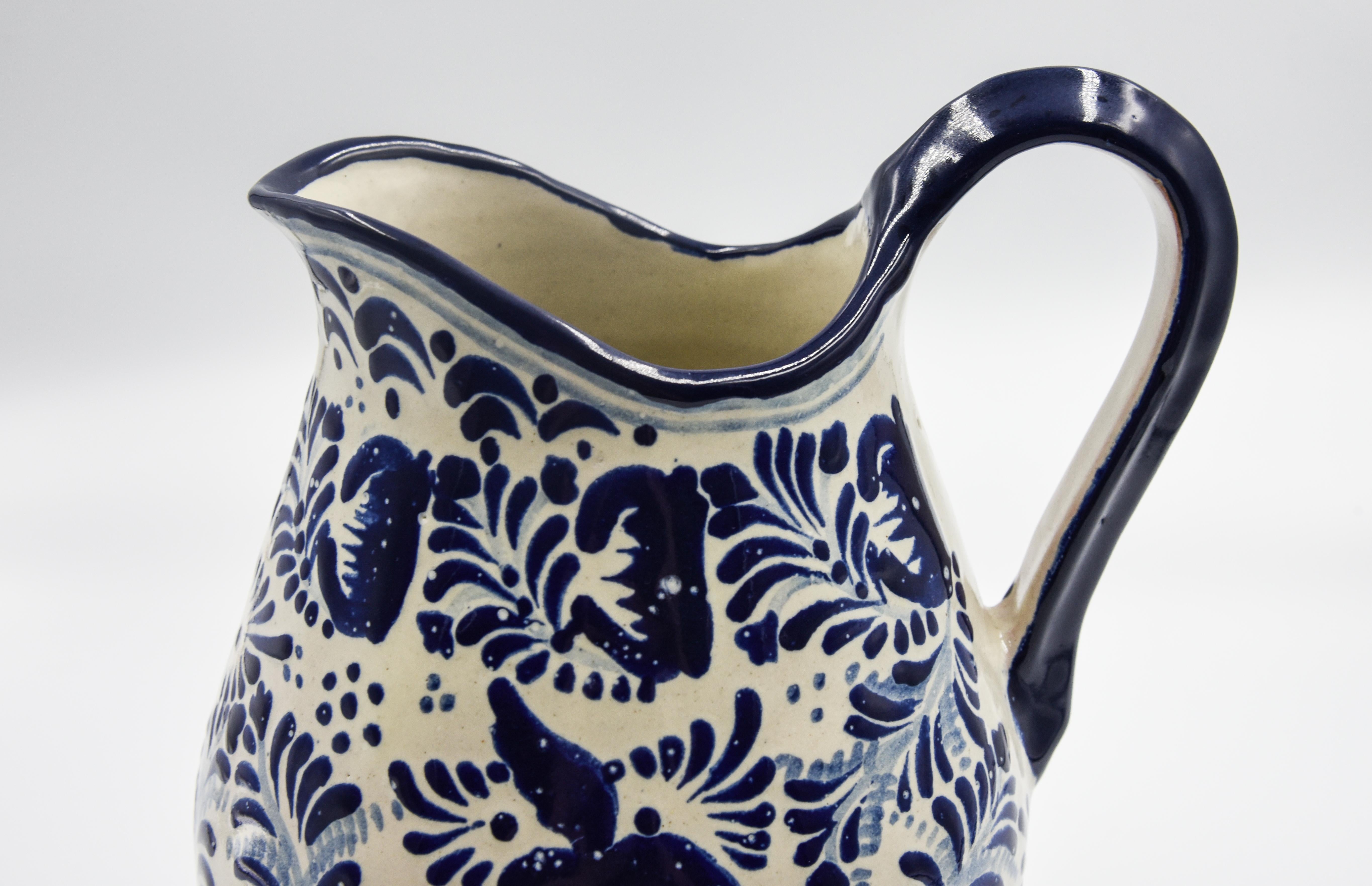 Spanish Colonial Authentic Talavera Blue Pitcher Puebla Ceramic Traditional Mexican Decorative