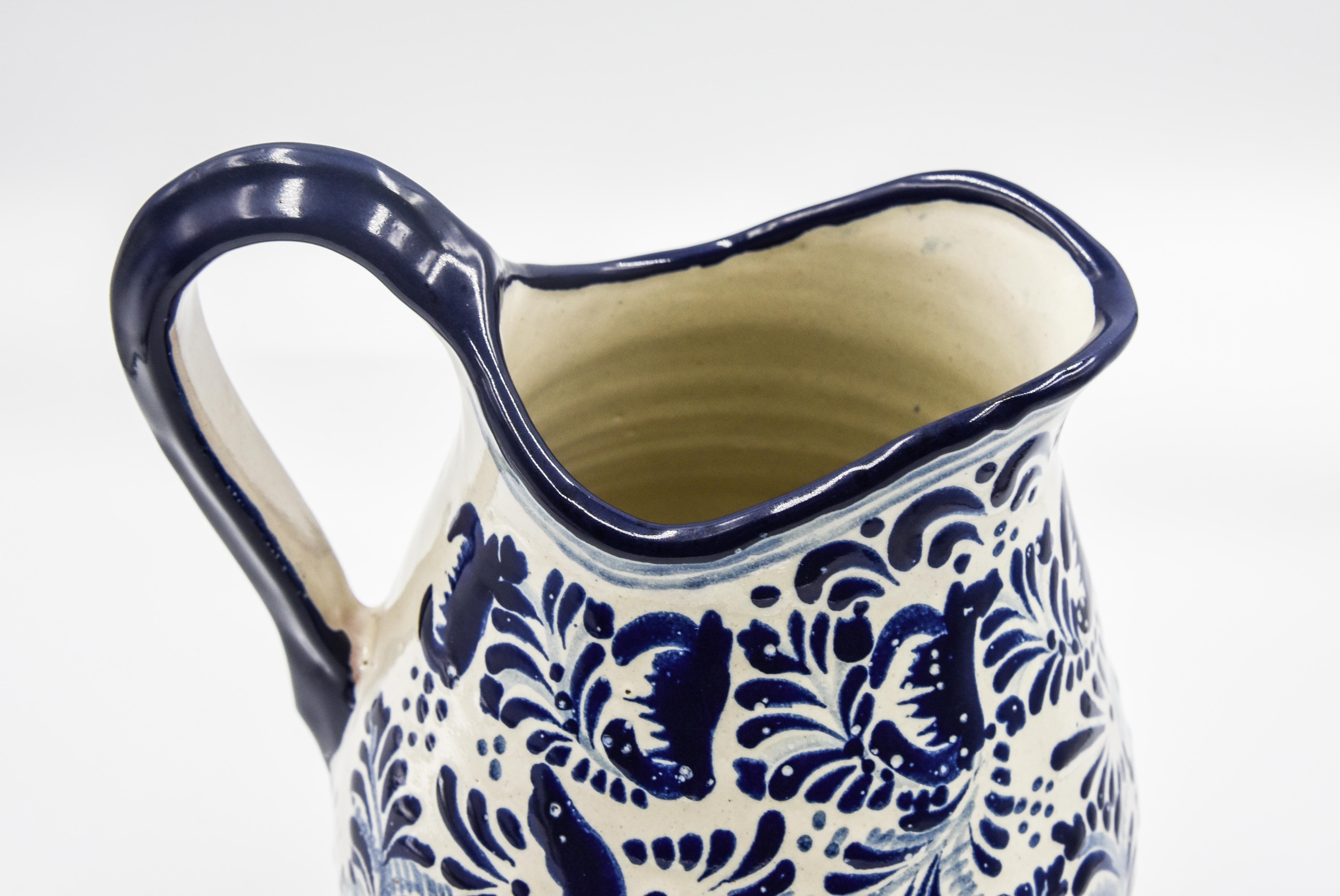 Hand-Crafted Authentic Talavera Blue Pitcher Puebla Ceramic Traditional Mexican Decorative