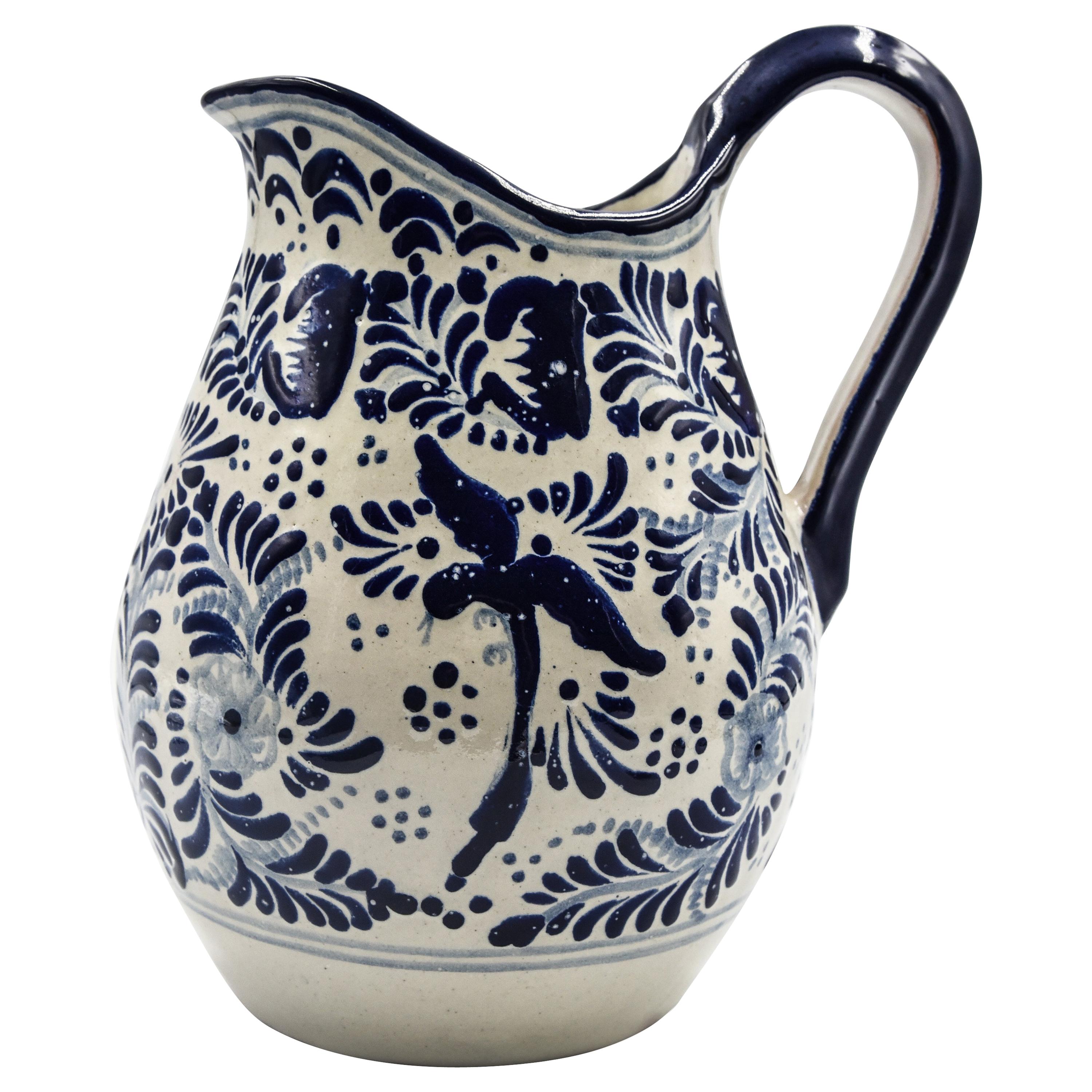 Authentic Talavera Blue Pitcher Puebla Ceramic Traditional Mexican Decorative