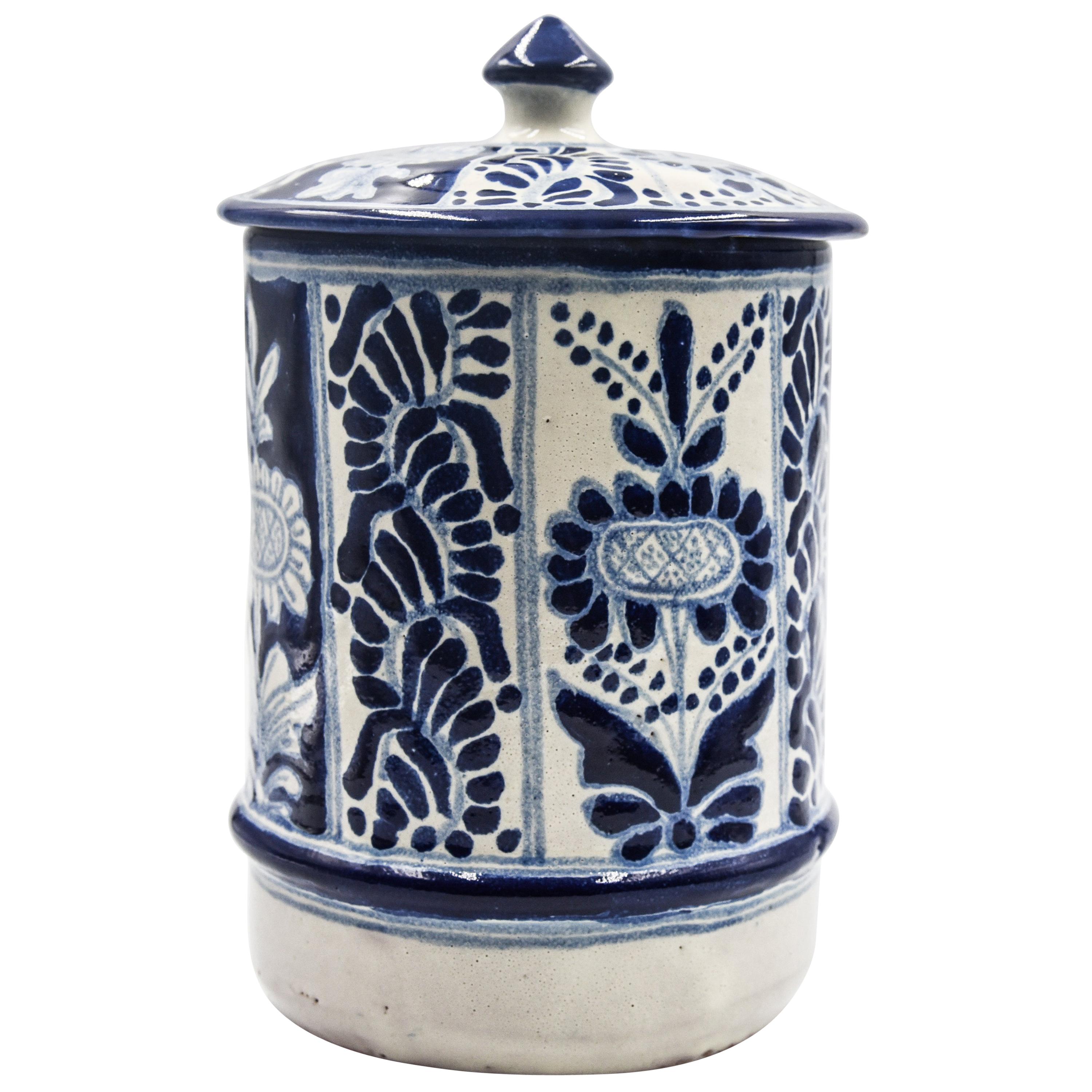 Authentic Talavera Blue Vessel Jar Puebla Ceramic Mexican Decorative Colonial