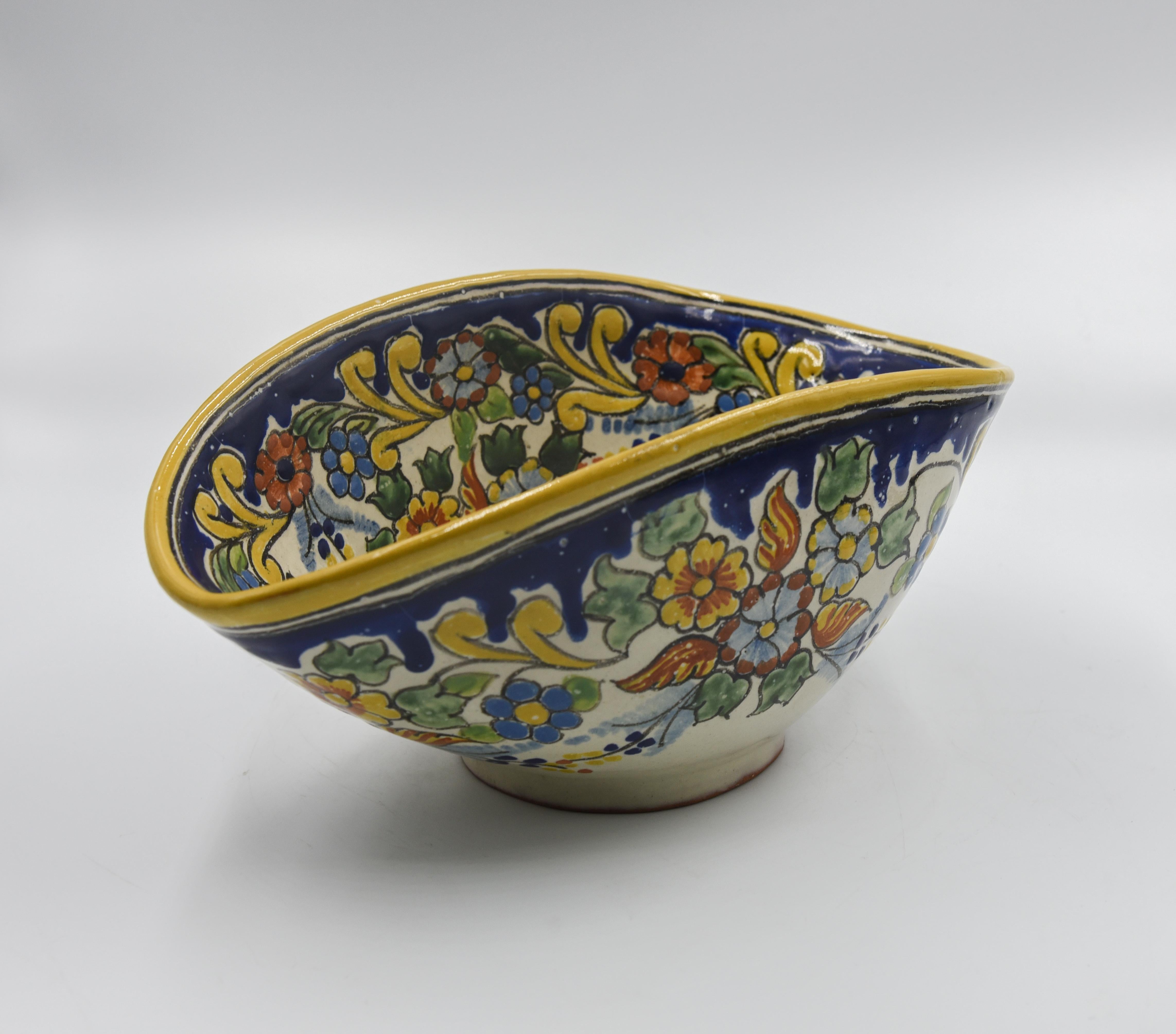 Cuenco Decorativo Auténtico de Talavera Plato de Arte Popular Cerámica Mexicana Azul Amarillo Colonial español
