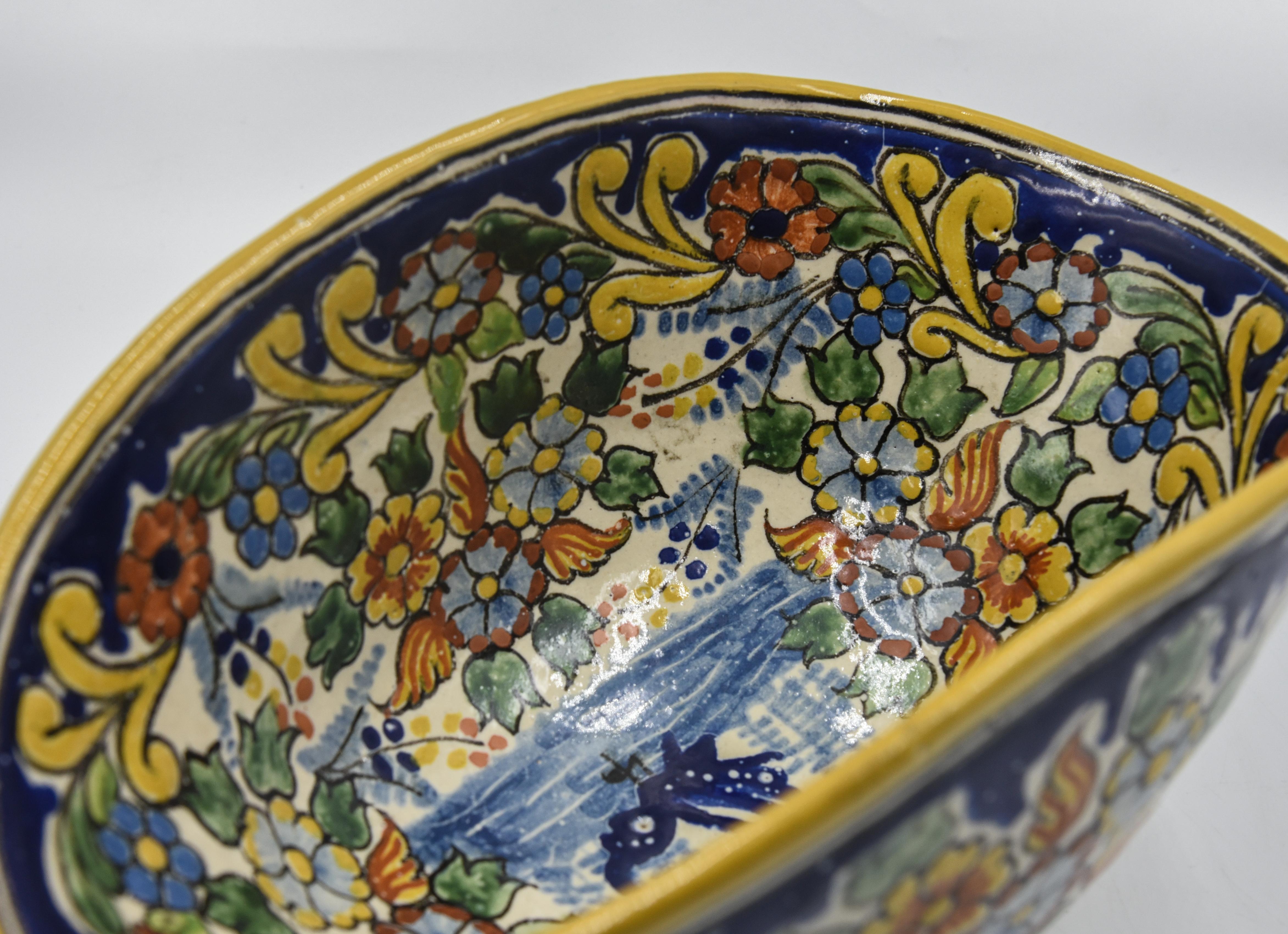 Spanish Colonial Authentic Talavera Decorative Bowl Folk Art Dish Mexican Ceramic Blue Yellow For Sale