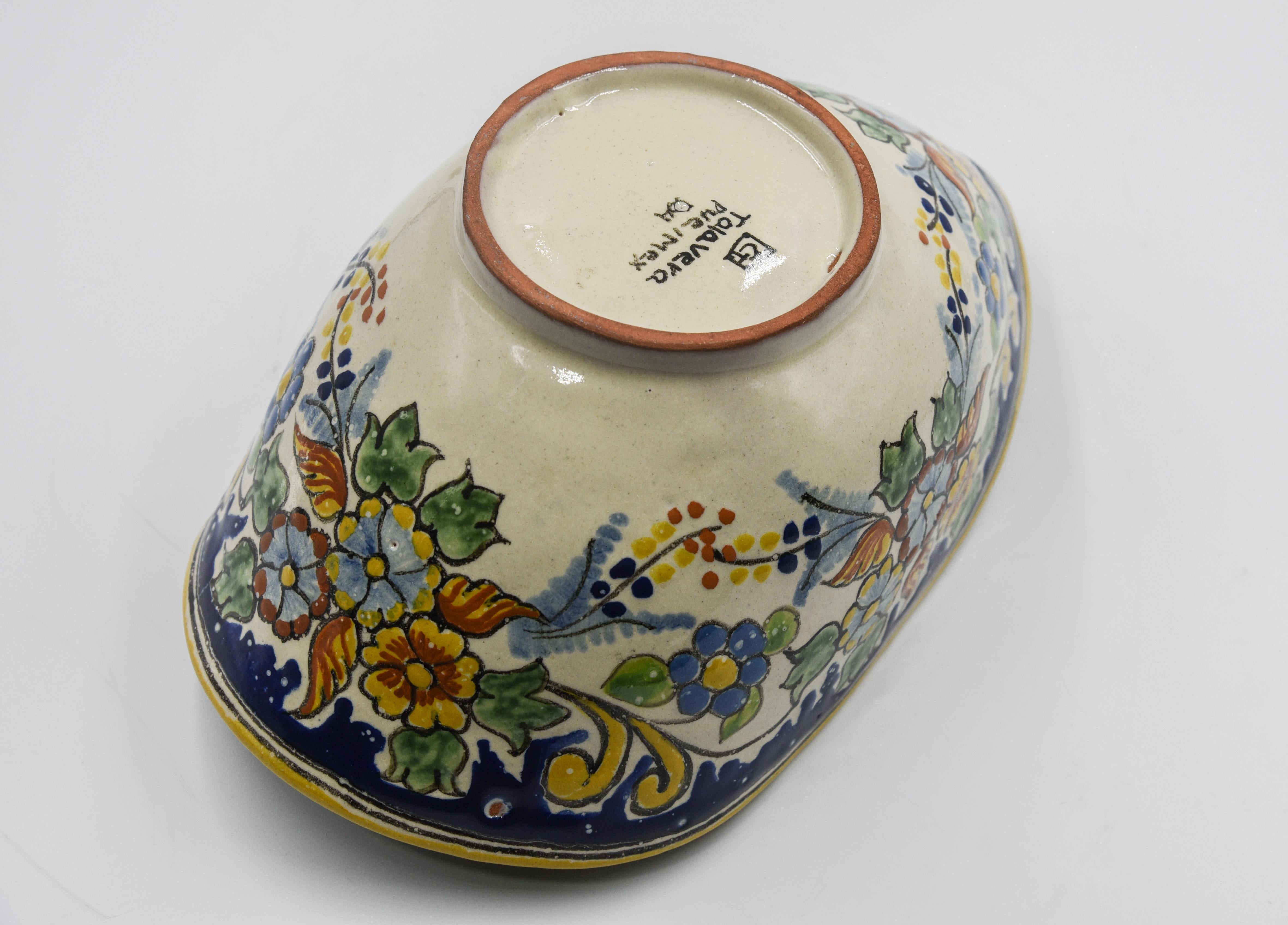 Authentische Talavera dekorative Schale Volkskunst Gericht mexikanischen Keramik blau gelb (Handgefertigt) im Angebot