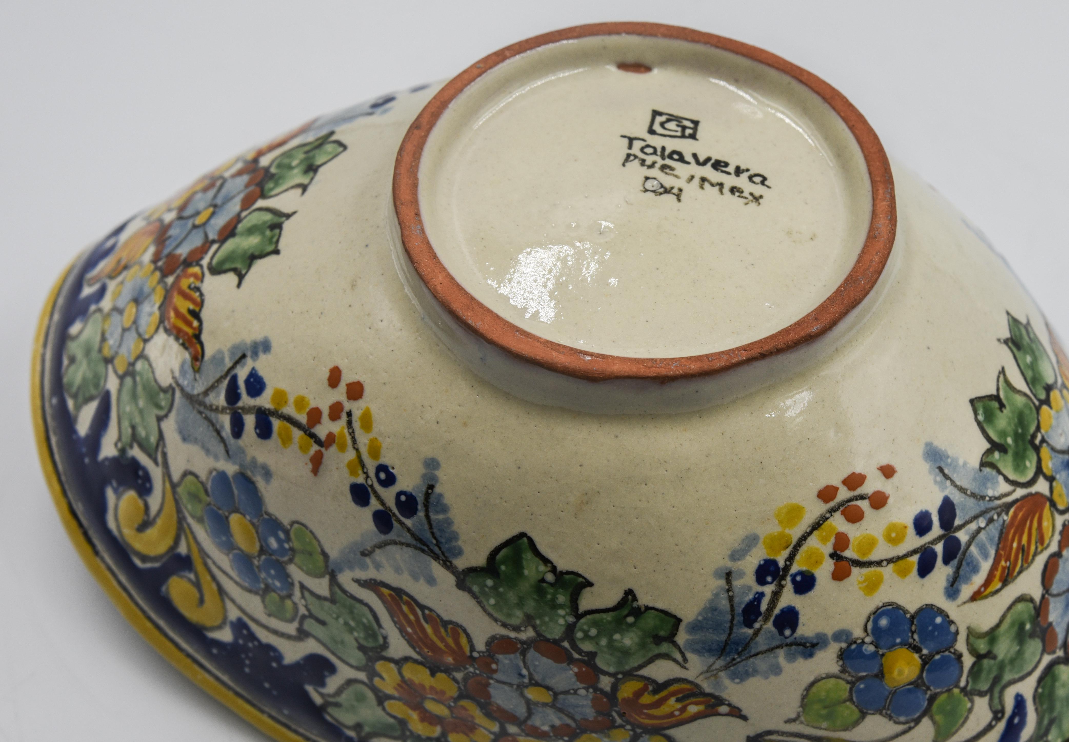 Contemporary Authentic Talavera Decorative Bowl Folk Art Dish Mexican Ceramic Blue Yellow For Sale
