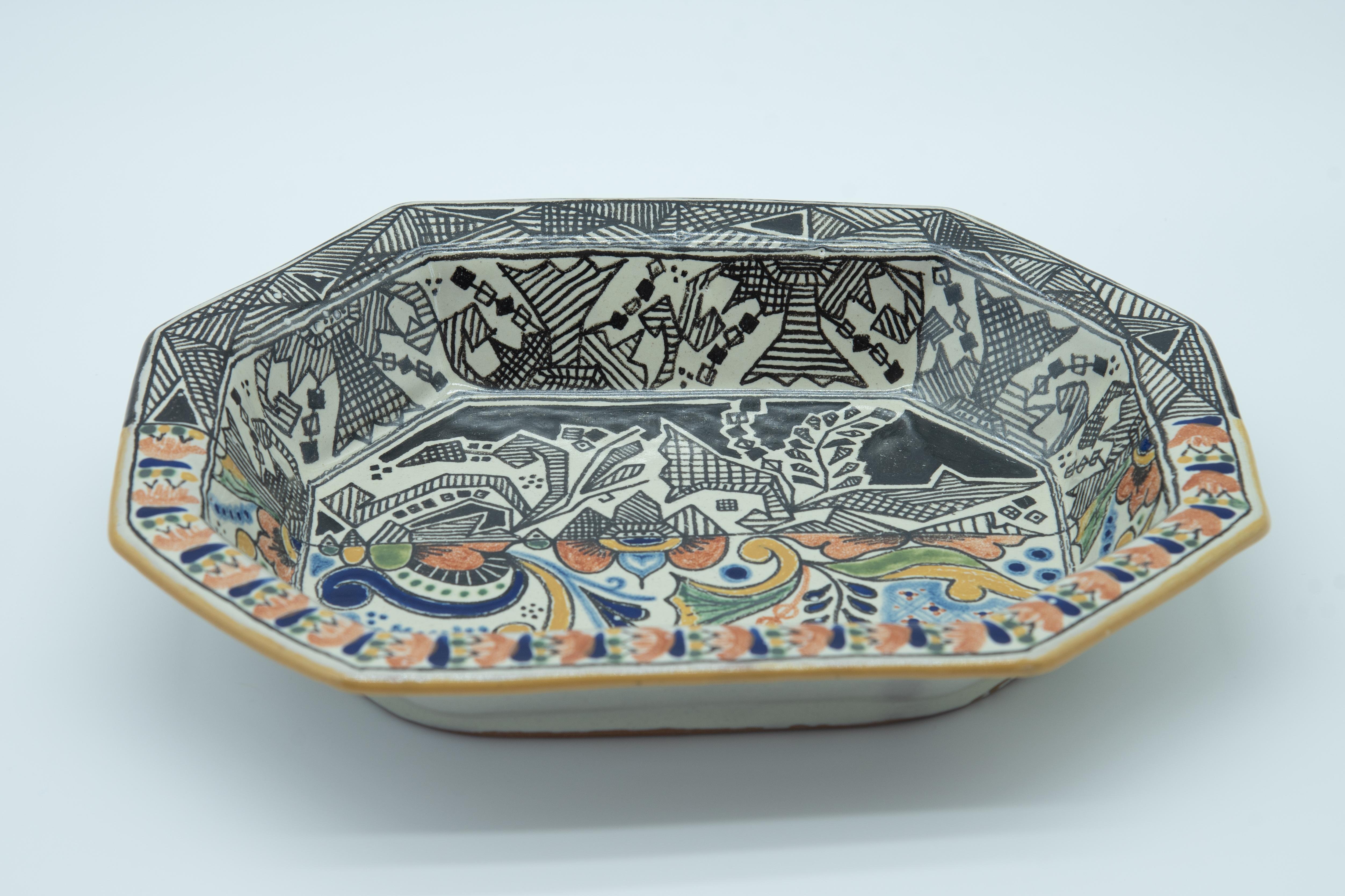 Hand-Crafted Authentic Talavera Decorative Bowl Folk Art Vessel Mexican Ceramic Blue White