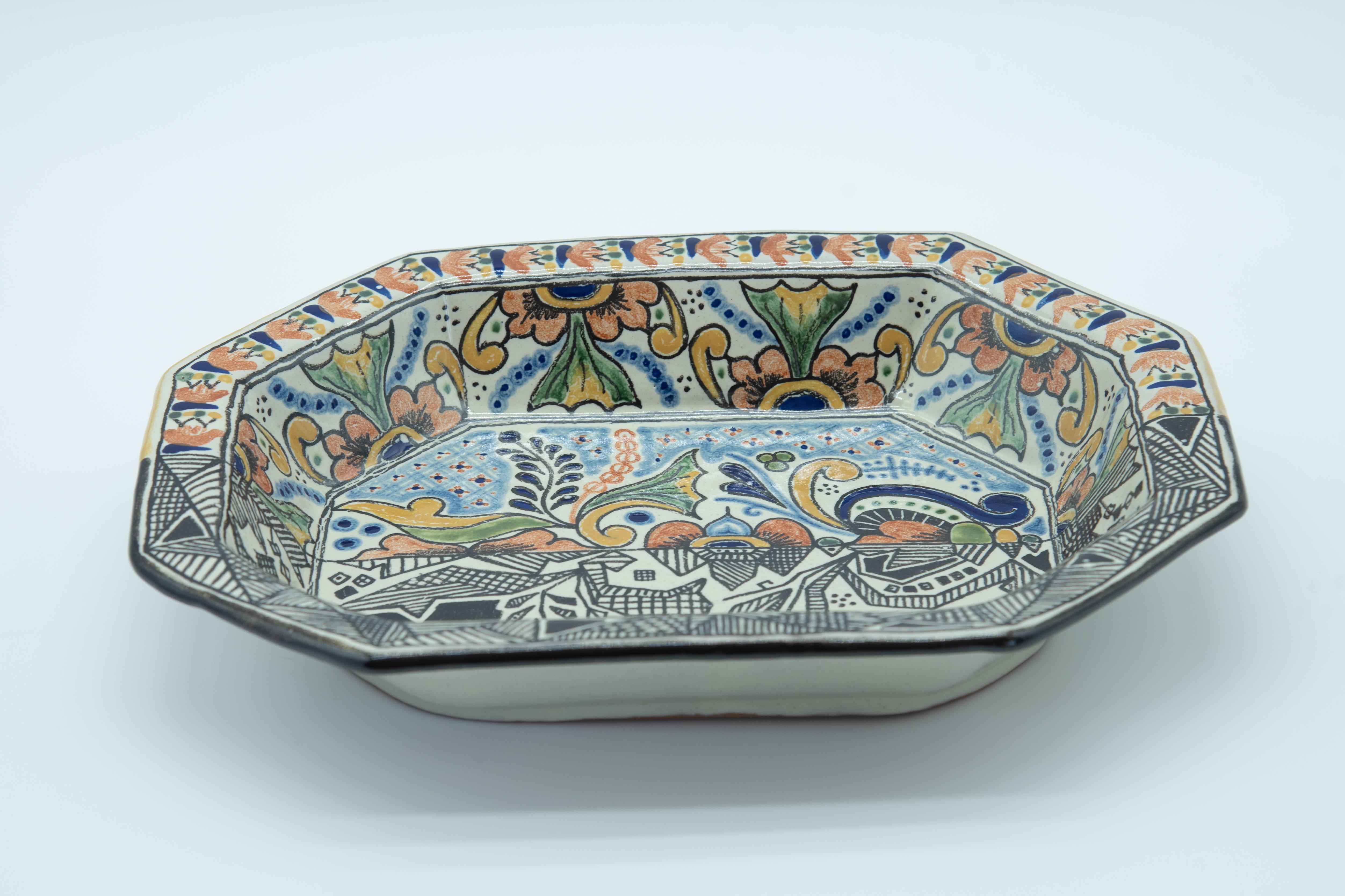 Authentic Talavera Decorative Bowl Folk Art Vessel Mexican Ceramic Blue White In New Condition In Queretaro, Queretaro