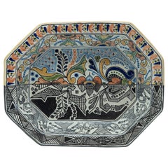 Authentic Talavera Decorative Bowl Folk Art Vessel Mexican Ceramic Blue White