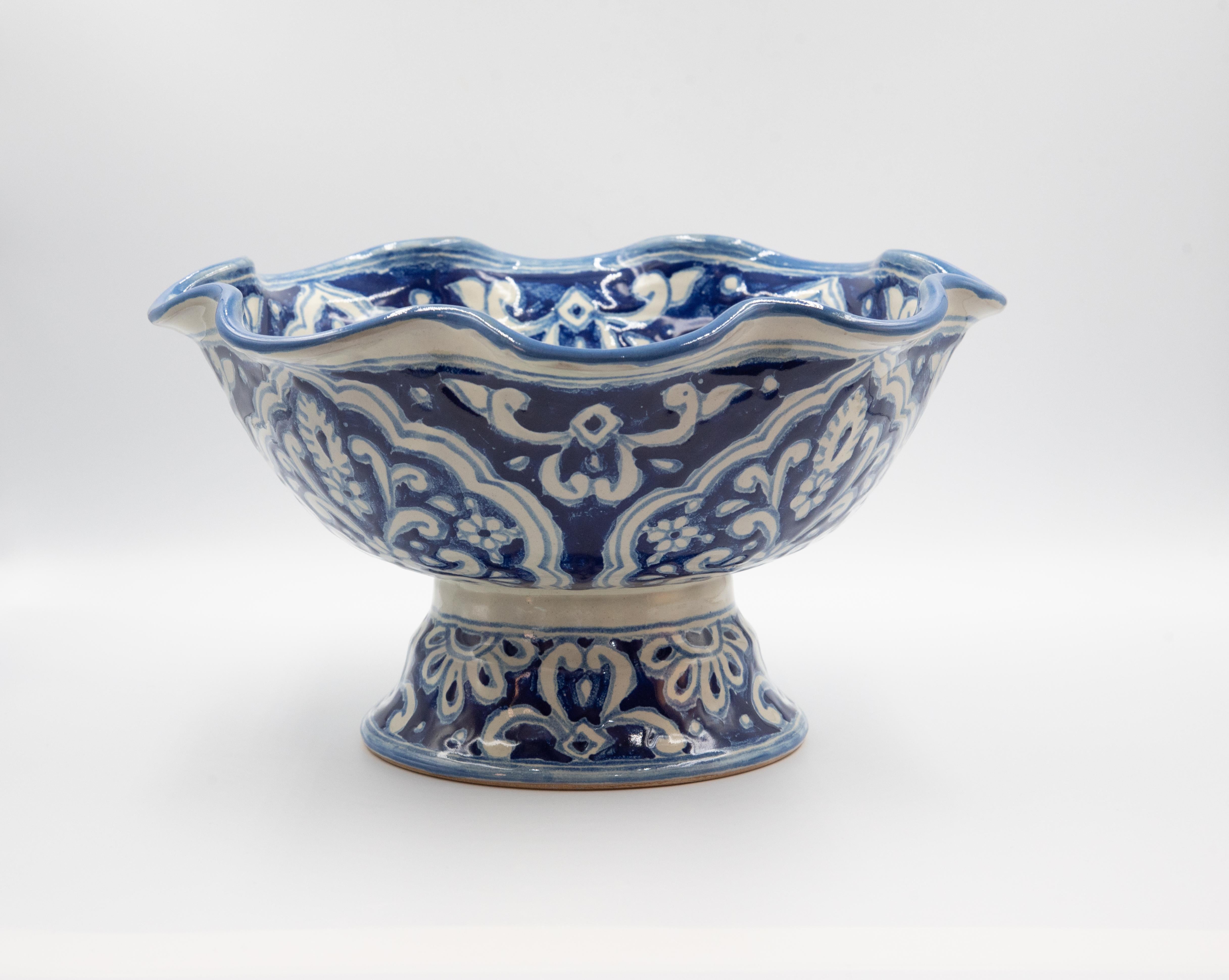 Hand-Crafted Authentic Talavera Decorative Fruit Bowl Folk Art Mexican Ceramic Blue White