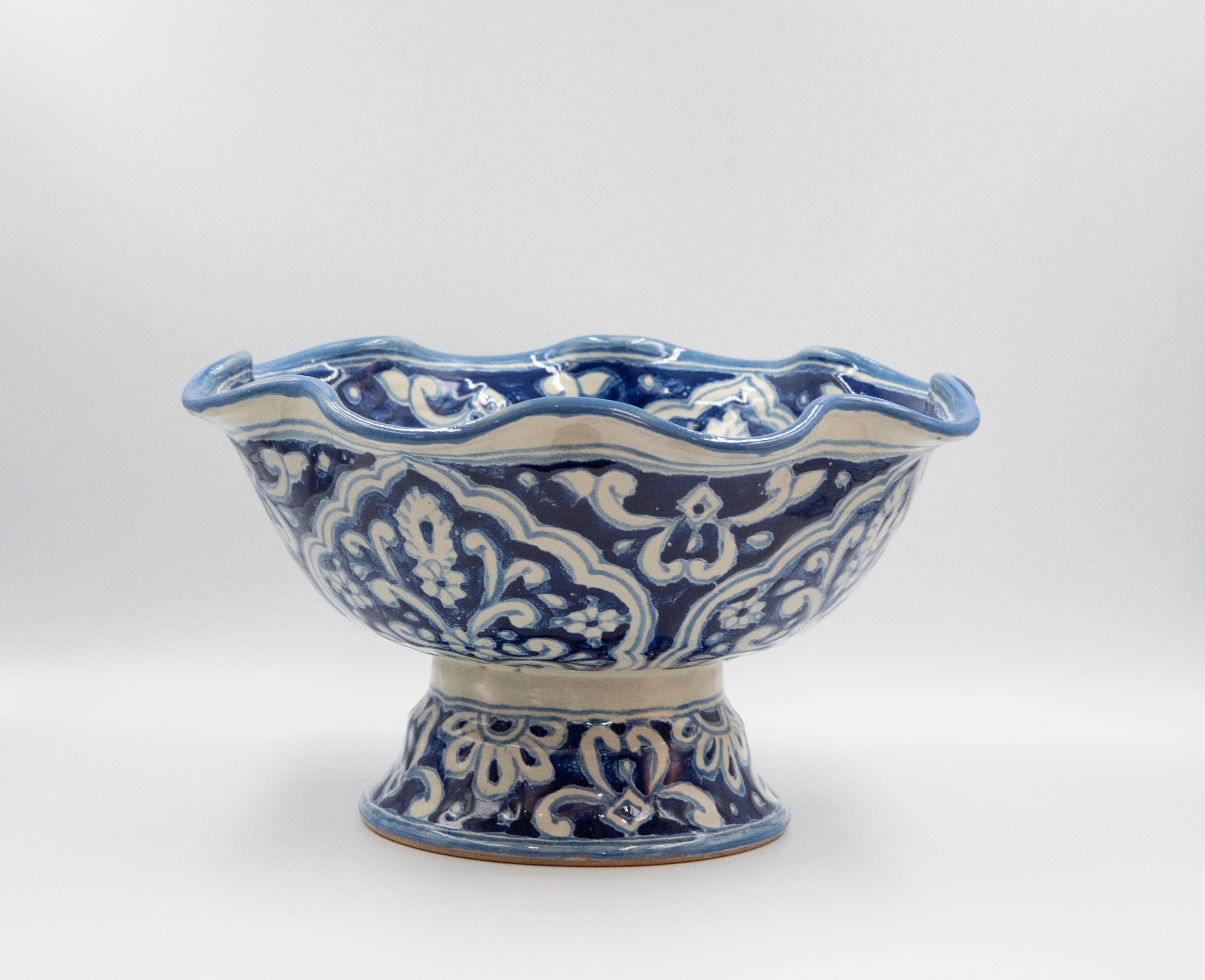 Authentic Talavera Decorative Fruit Bowl Folk Art Mexican Ceramic Blue White 1