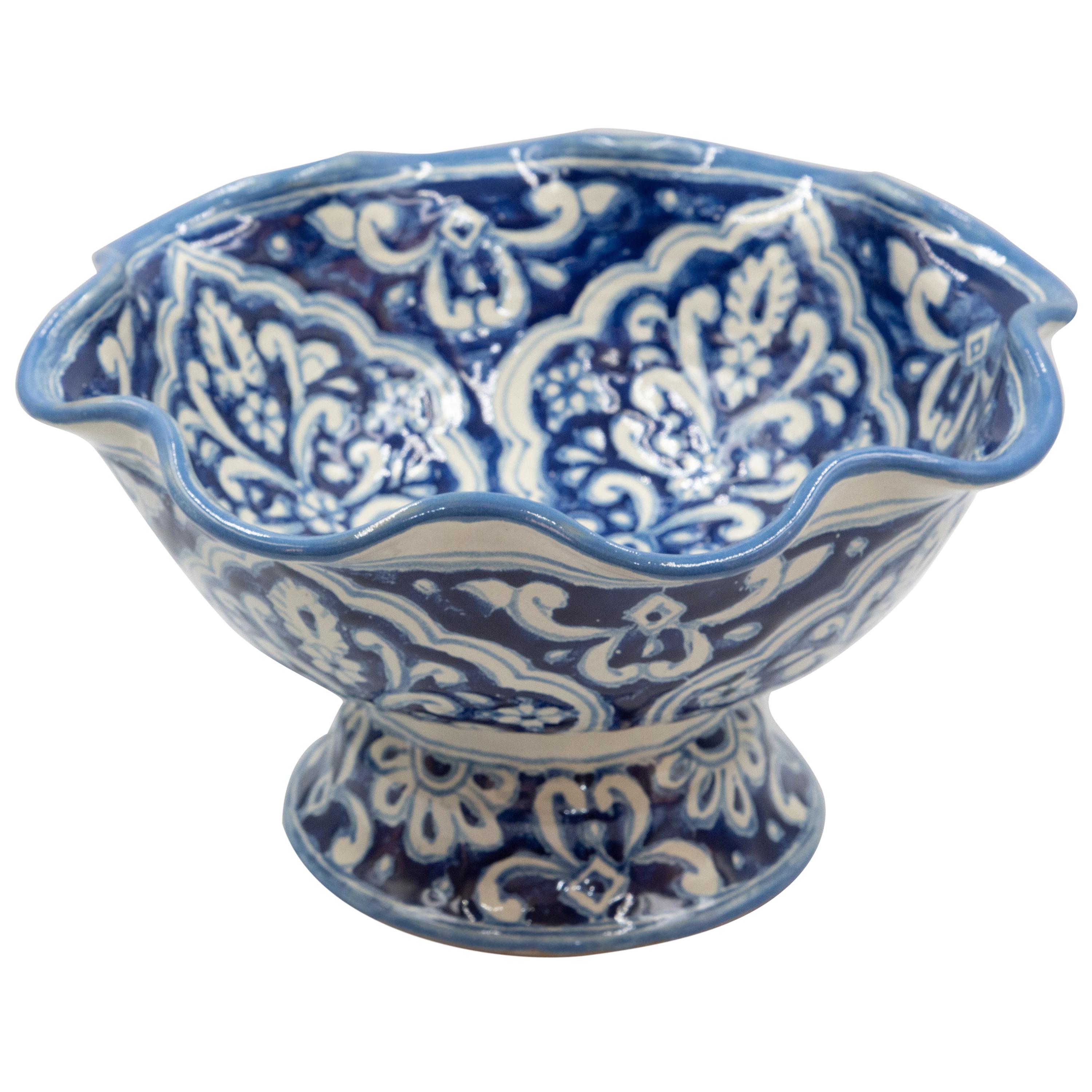 Authentic Talavera Decorative Fruit Bowl Folk Art Mexican Ceramic Blue White