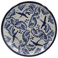 Authentique assiette décorative Talavera Folk Art Plat Céramique Mexicaine Bleu Blanc