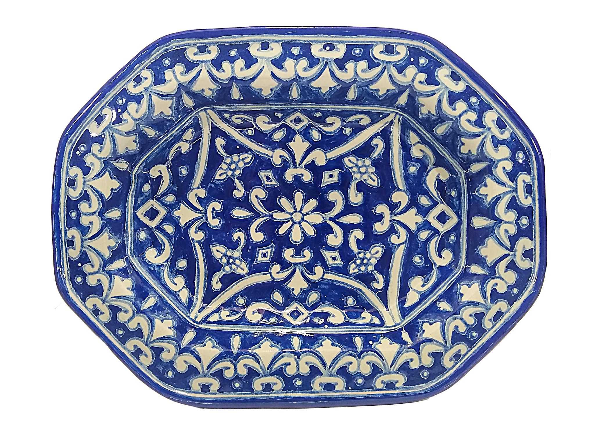 Spanish Colonial Authentic Talavera Decorative Plate Folk Art Vessel Mexican Ceramic Blue White For Sale