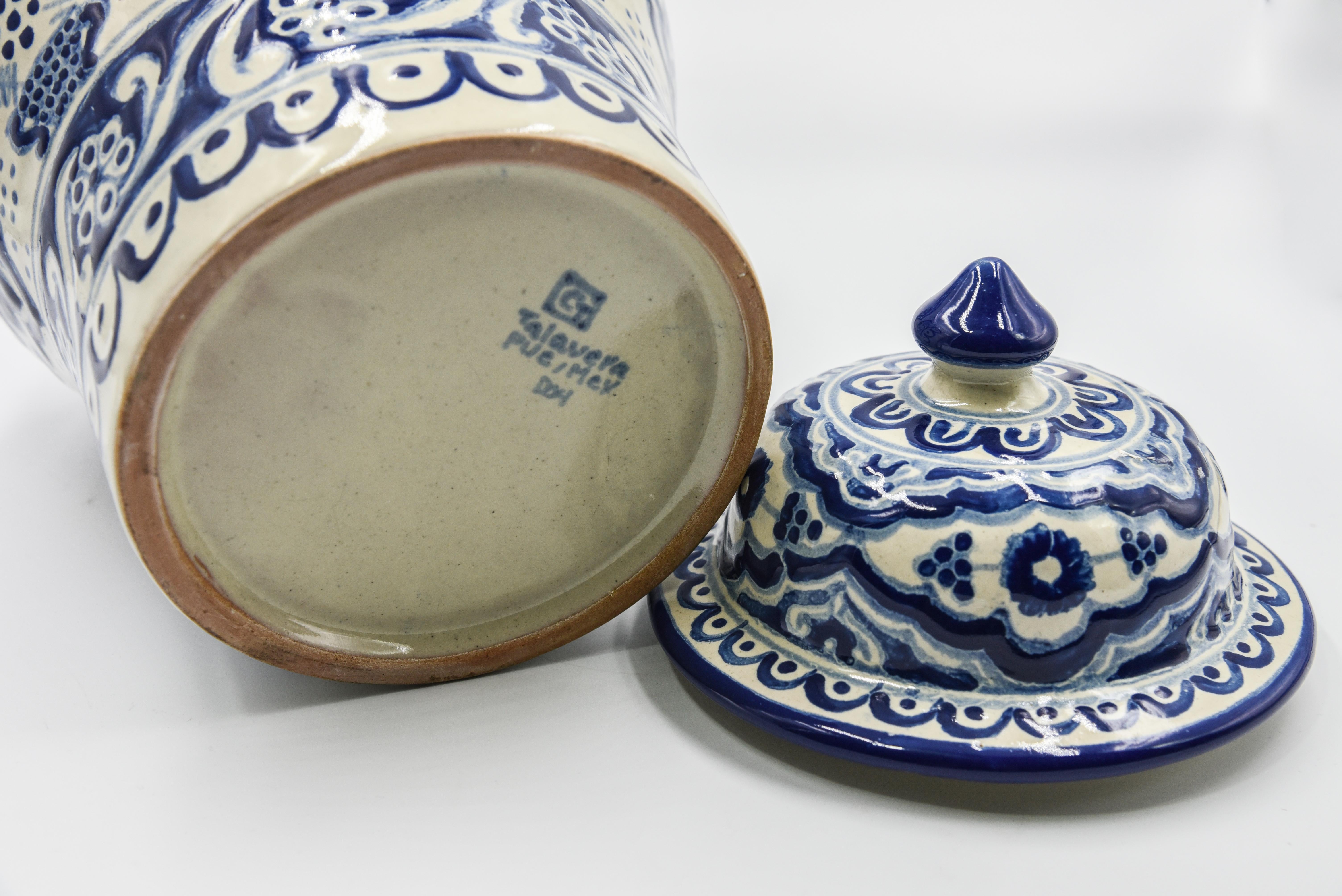 Authentic Talavera Decorative Vase Folk Art Vessel Mexican Ceramic Blue White 3