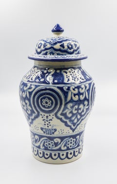 Authentic Talavera Decorative Vase Folk Art Vessel Mexican Ceramic Blue White
