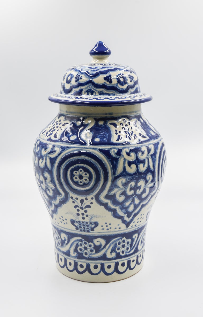 Authentic Talavera Decorative Vase Folk Art Vessel Mexican Ceramic Blue