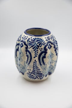 Authentic Talavera Decorative Vase Folk Art Vessel Mexican Ceramic Blue White