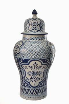 Authentic Talavera Decorative Vase Folk Art Vessel Mexican Ceramic Blue White