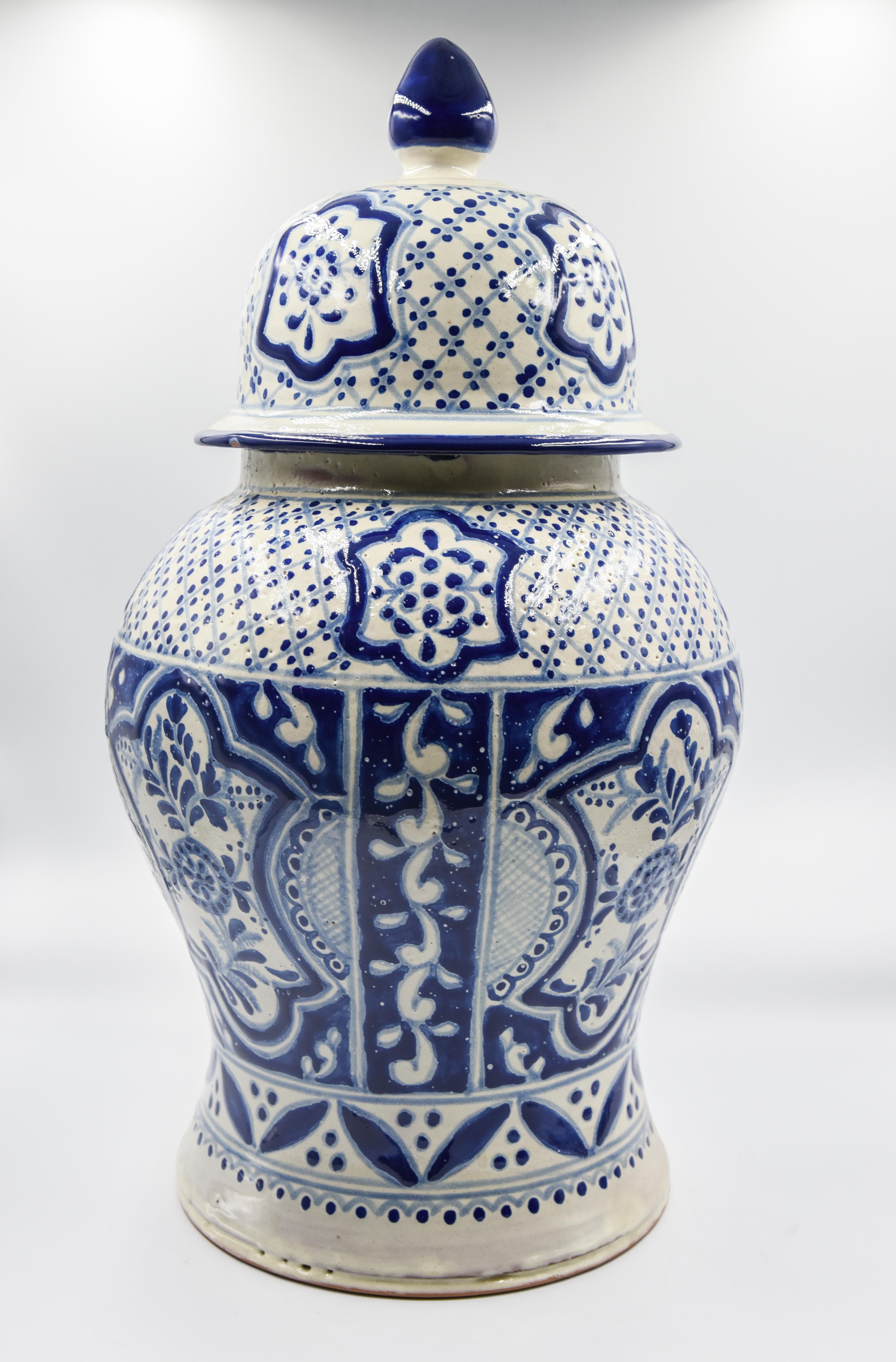 Spanish Colonial Authentic Talavera Decorative Vase Folk Art Vessel Mexican Ceramic Blue White