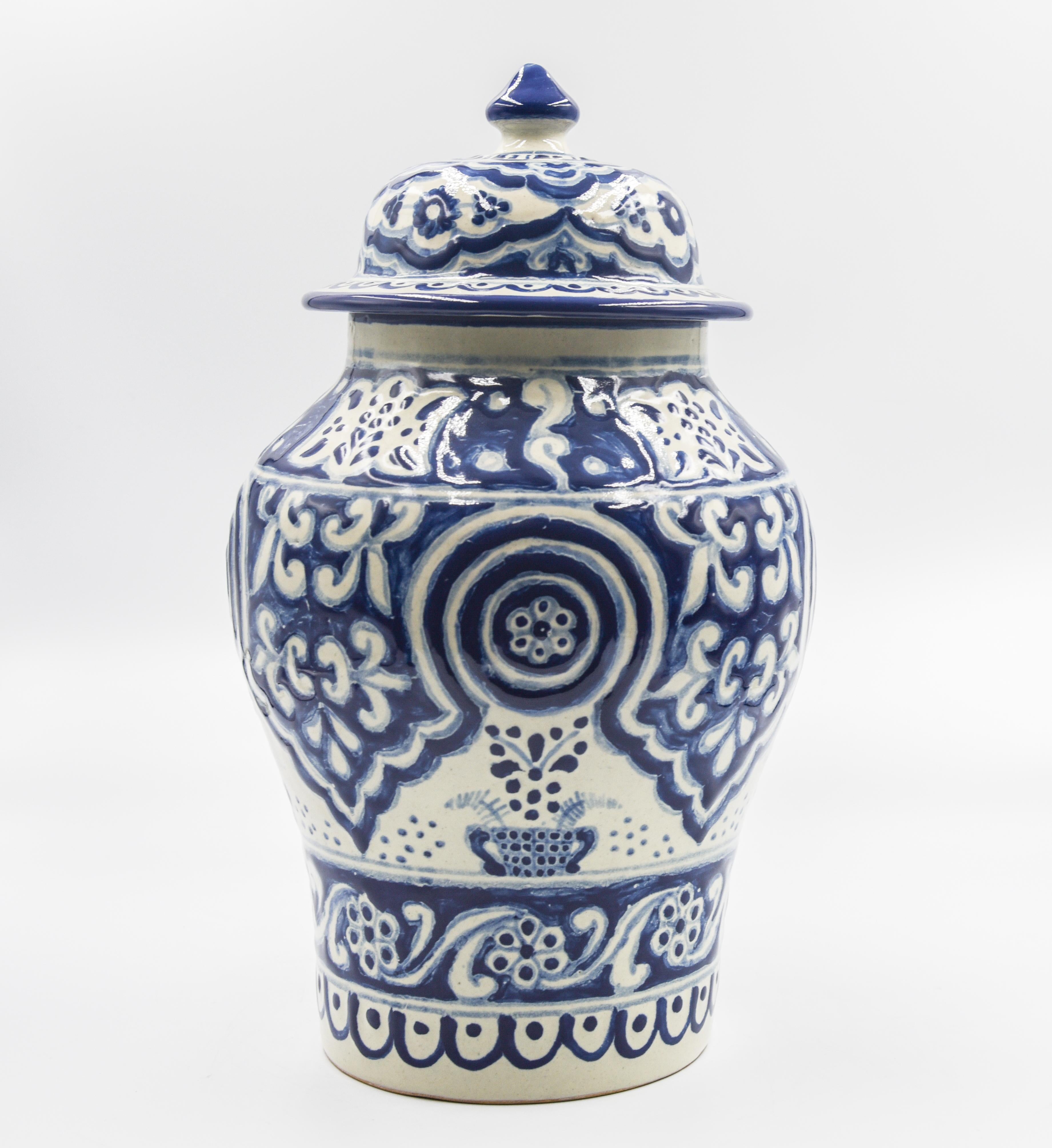 Contemporary Authentic Talavera Decorative Vase Folk Art Vessel Mexican Ceramic Blue White