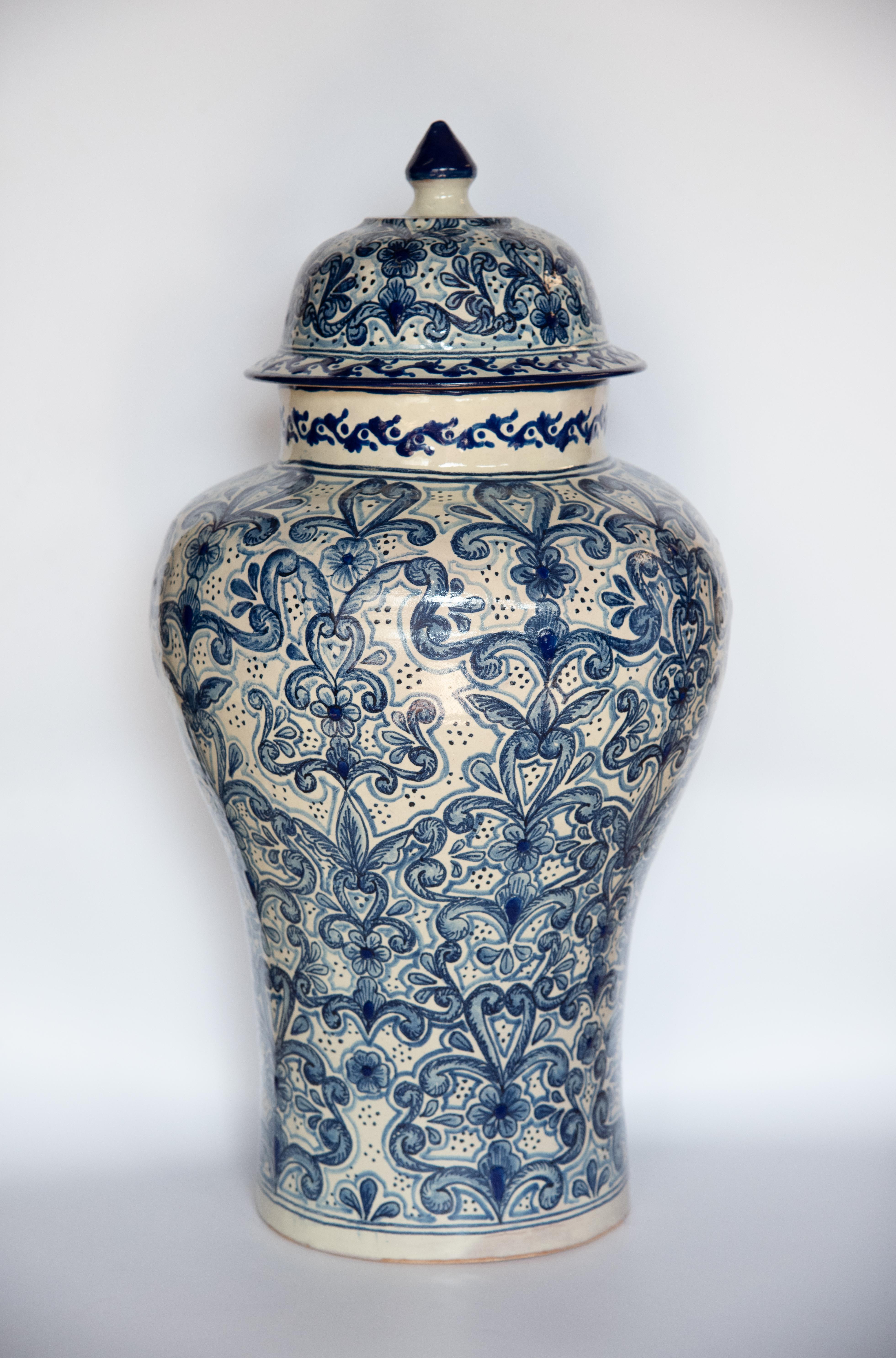 Contemporary Authentic Talavera Decorative Vase Folk Art Vessel Mexican Ceramic Blue White