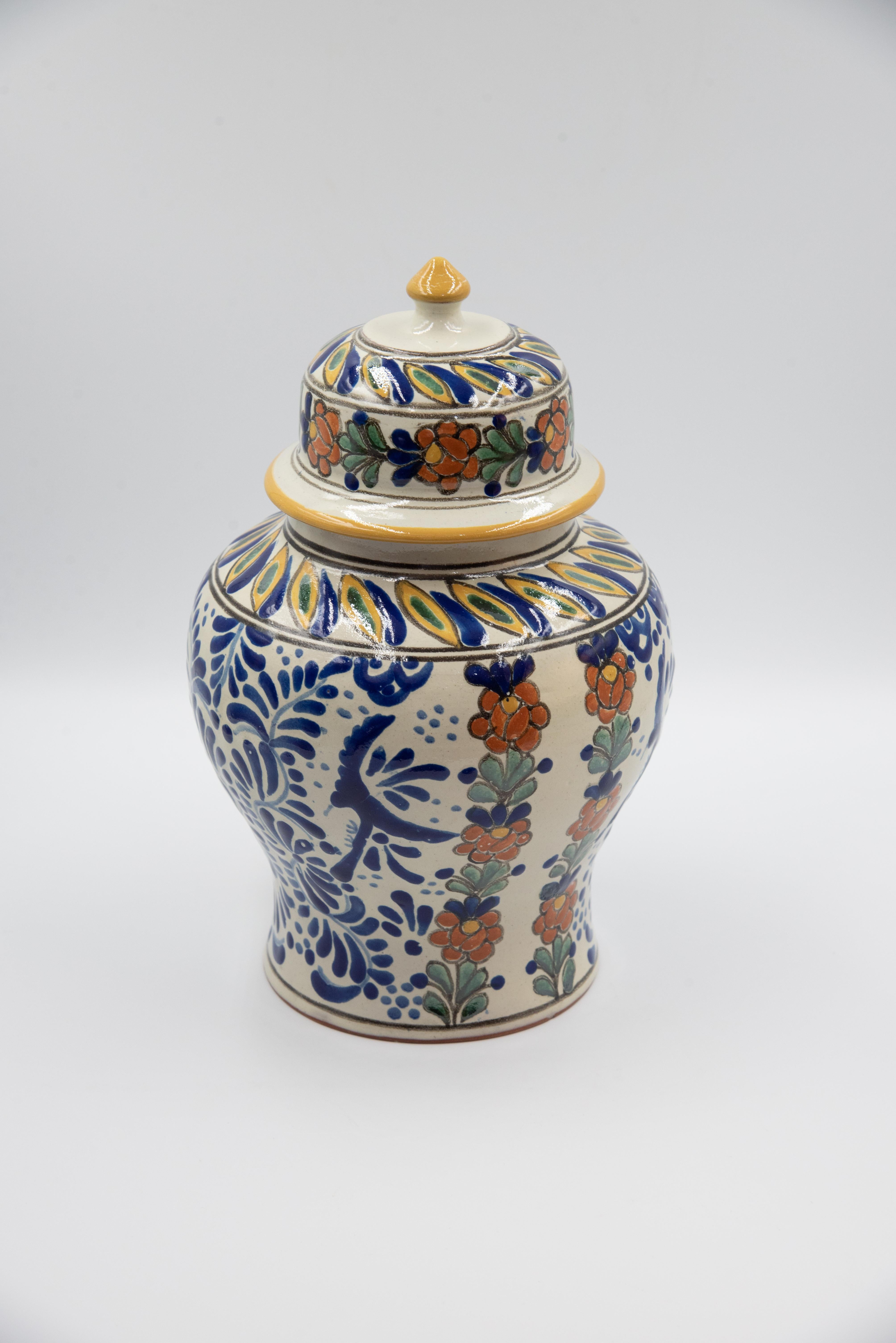 Authentic Talavera Decorative Vase Folk Art Vessel Mexican Ceramic Blue White 1