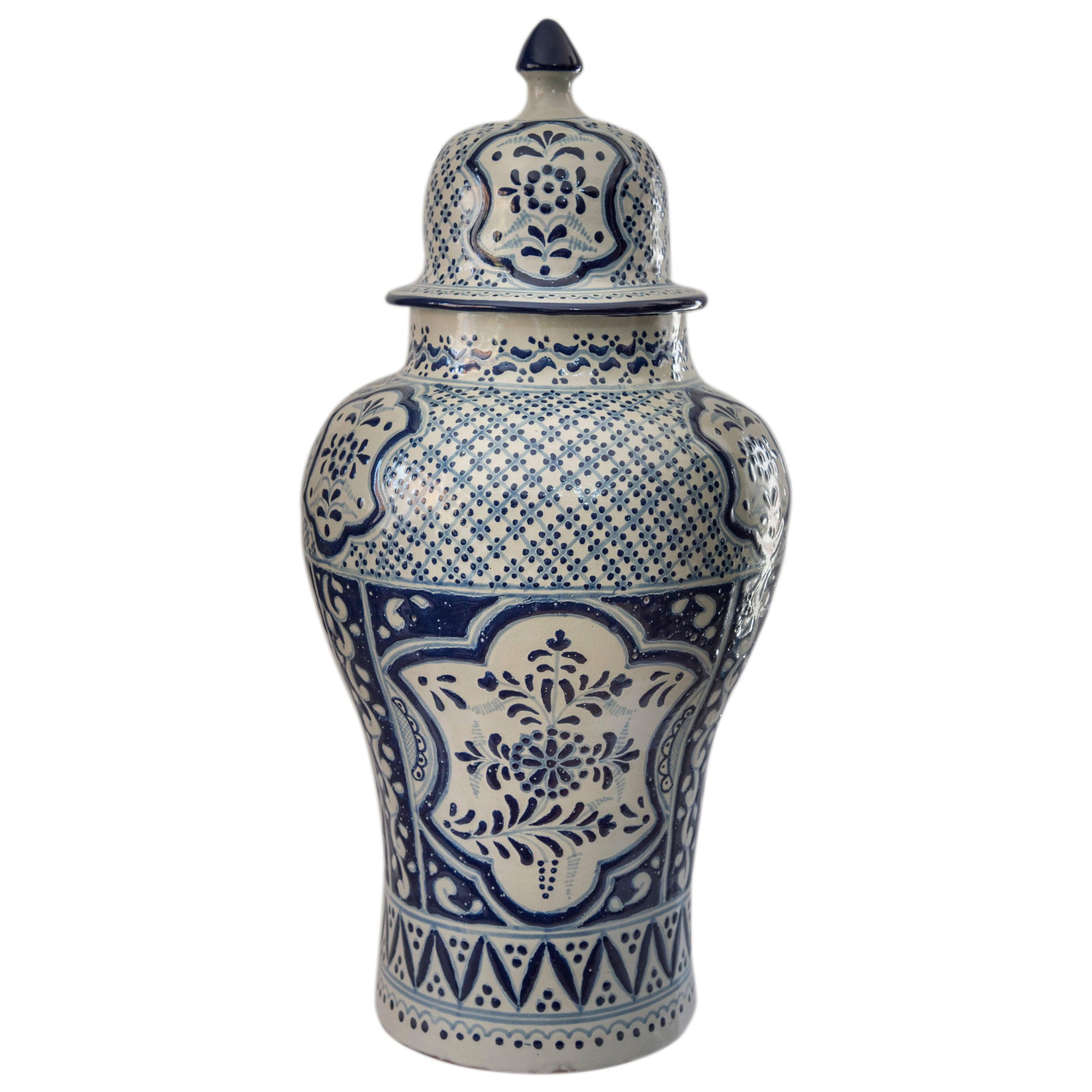 Authentic Talavera Decorative Vase Folk Art Vessel Mexican Ceramic Blue White
