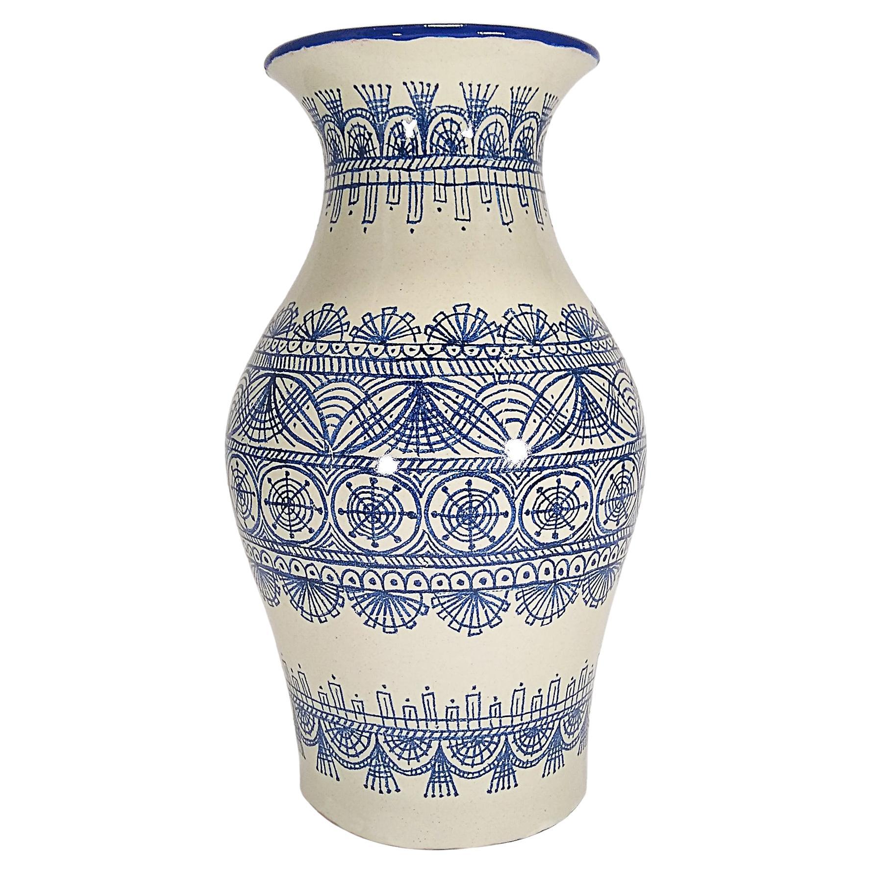 Authentic Talavera Decorative Vase Folk Art Vessel Mexican Ceramic Blue White For Sale