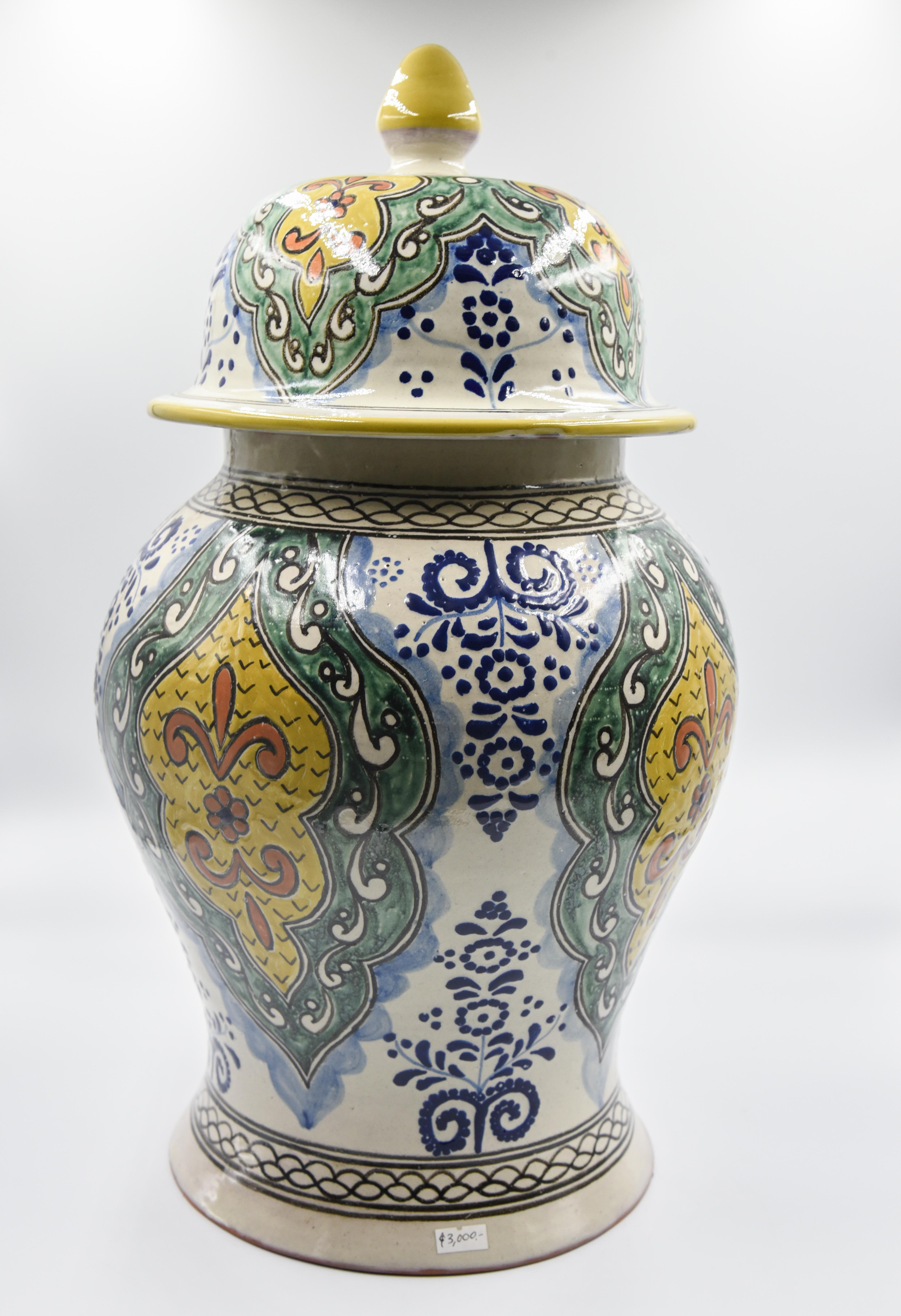 Authentic Talavera Decorative Vase Folk Art Vessel Mexican Ceramic Blue Yellow 4