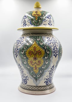 Authentic Talavera Decorative Vase Folk Art Vessel Mexican Ceramic Blue Yellow