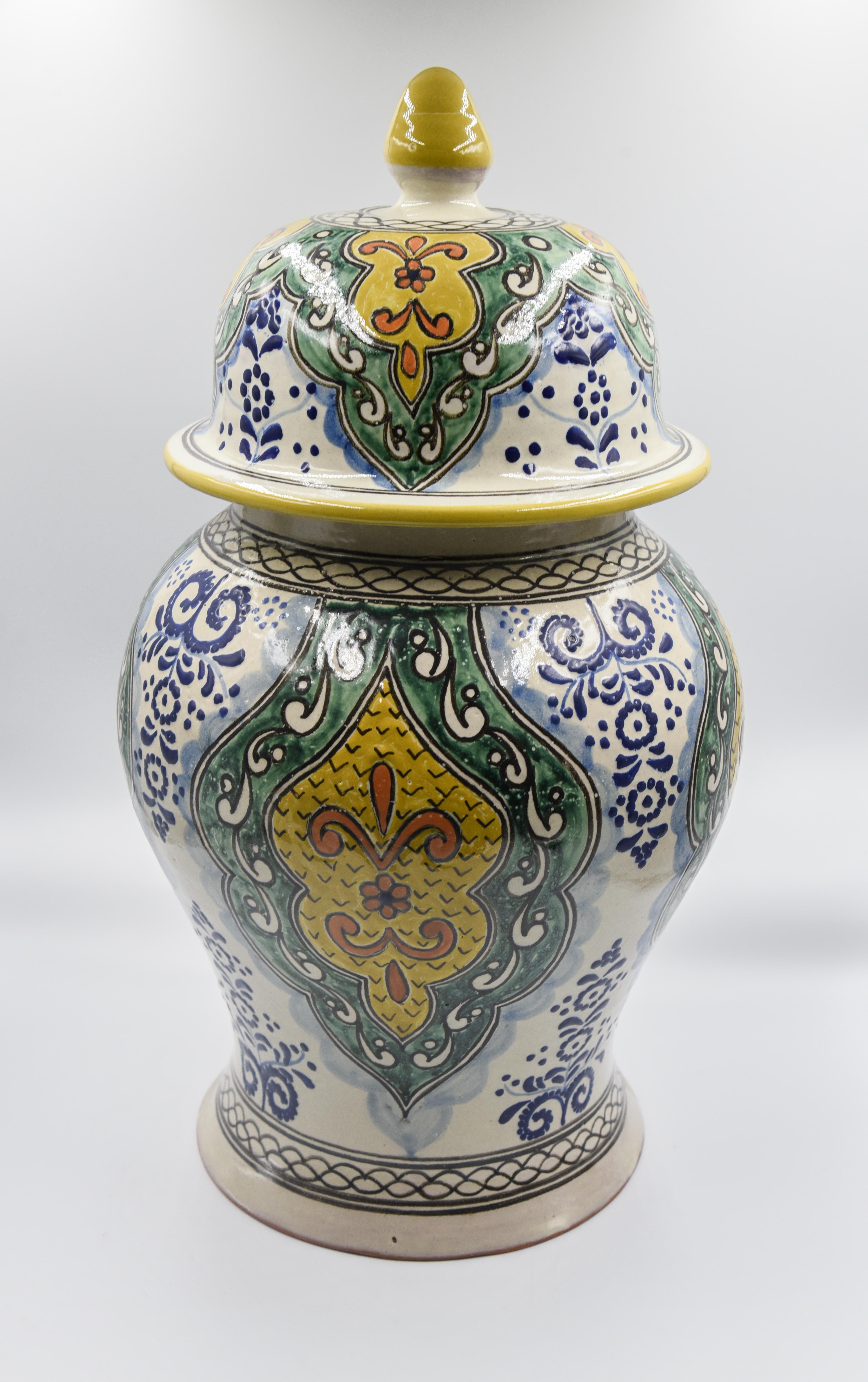 Spanish Colonial Authentic Talavera Decorative Vase Folk Art Vessel Mexican Ceramic Blue Yellow