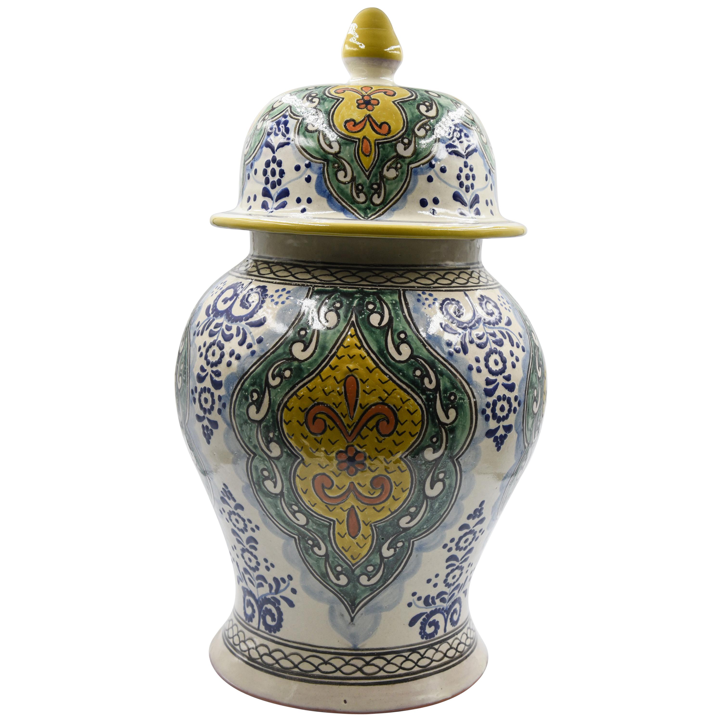Authentic Talavera Decorative Vase Folk Art Vessel Mexican Ceramic Blue Yellow