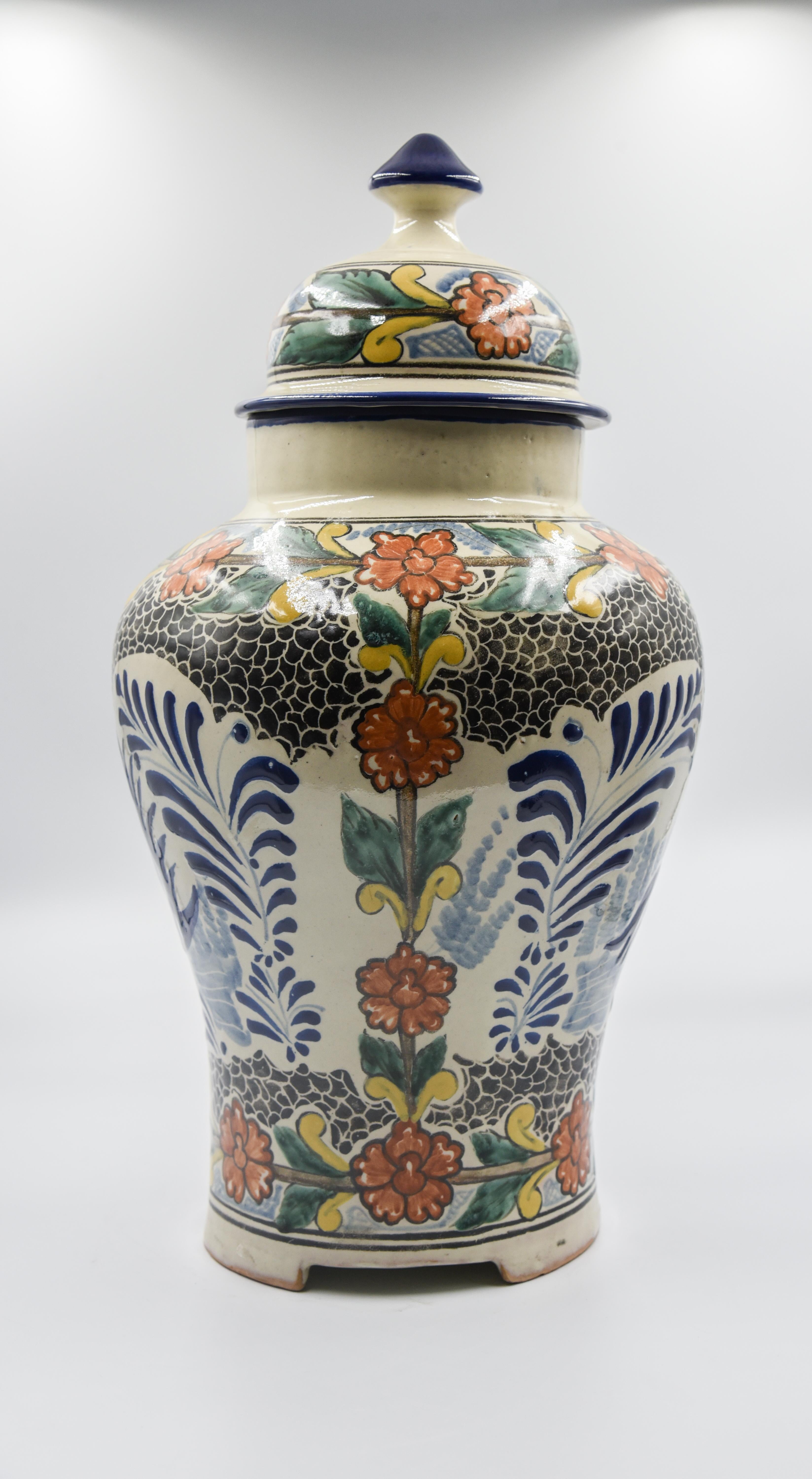 Hand-Crafted Authentic Talavera Decorative Vase Folk Art Vessel Mexican Ceramic Puebla Blue