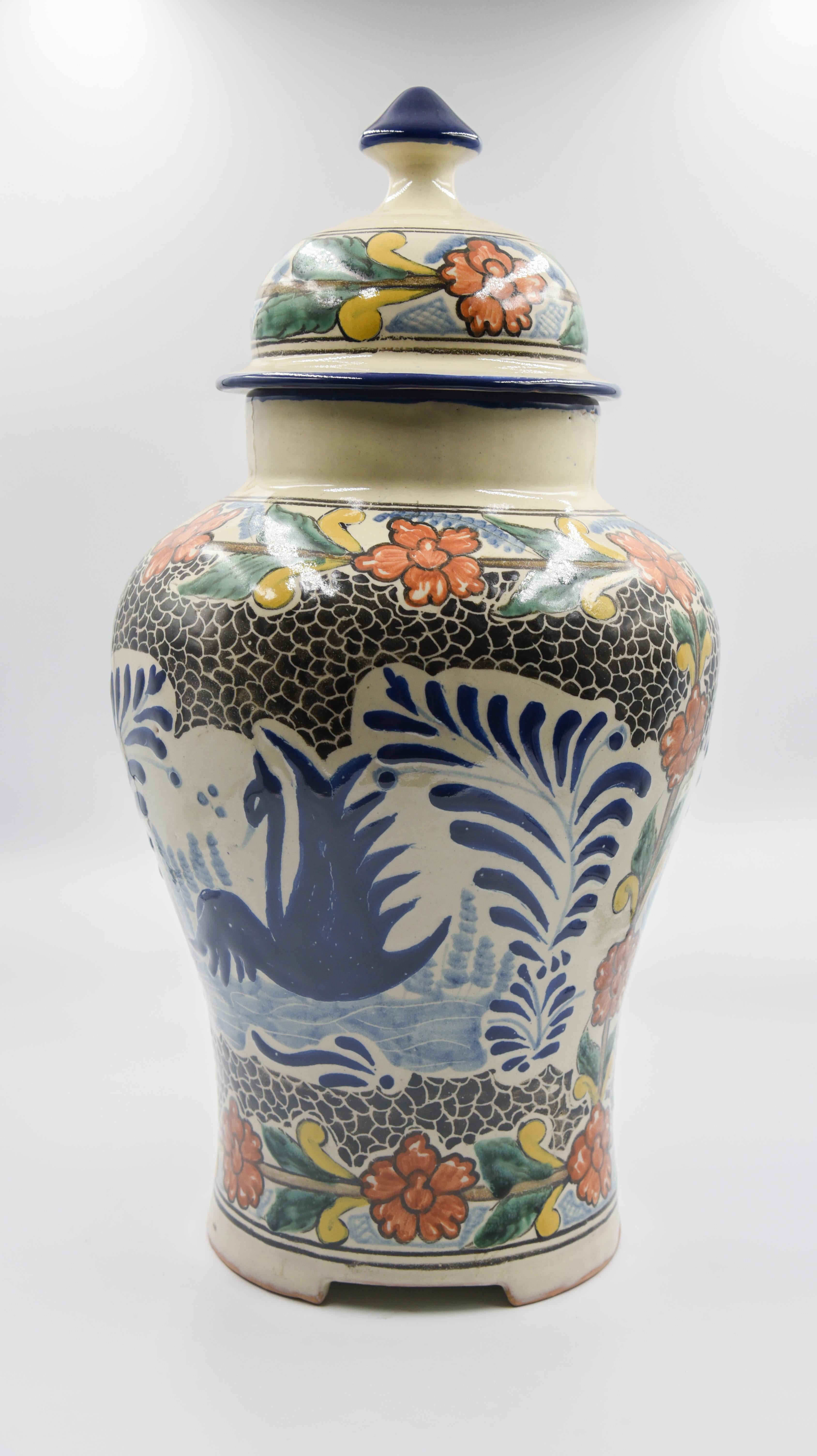 Contemporary Authentic Talavera Decorative Vase Folk Art Vessel Mexican Ceramic Puebla Blue