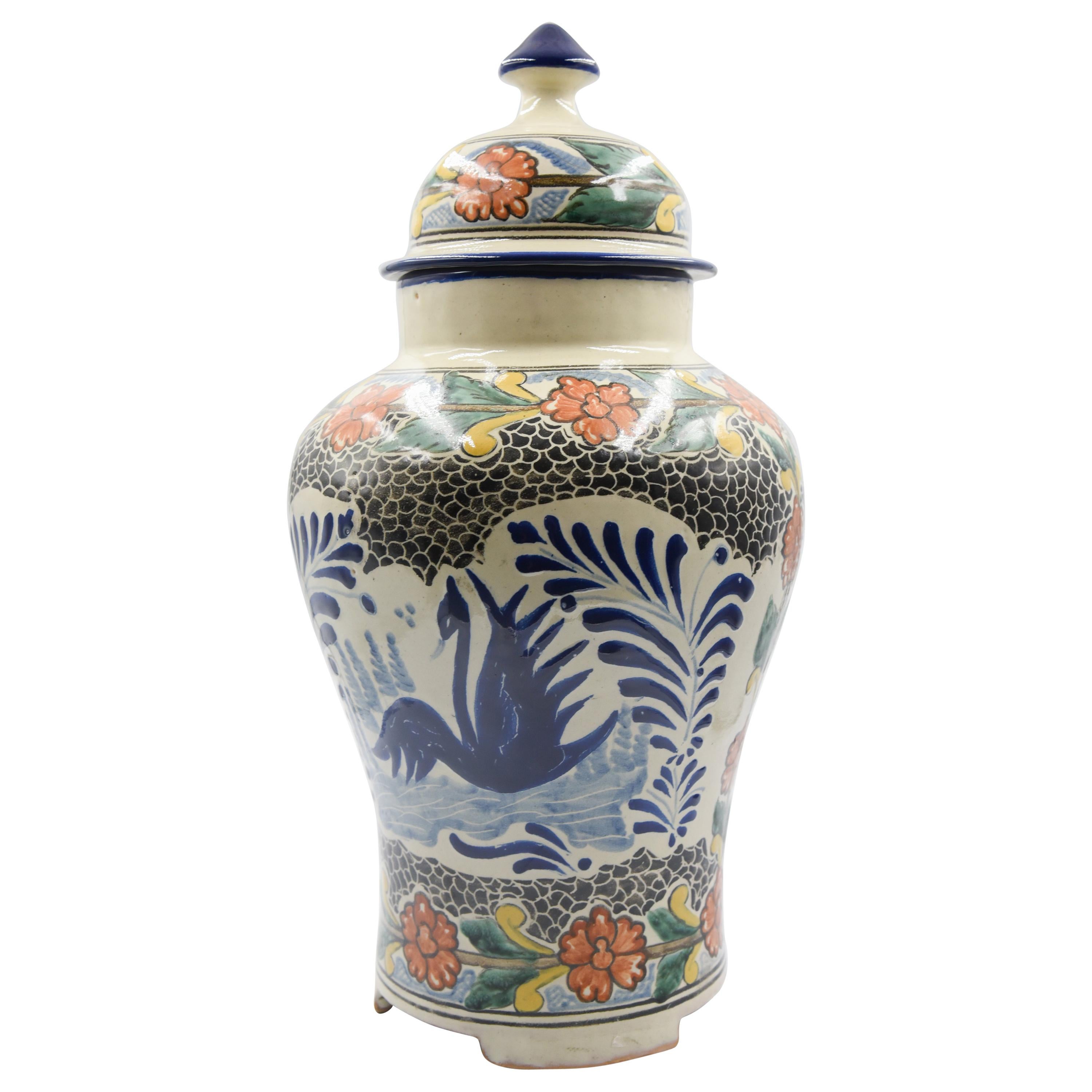 Authentic Talavera Decorative Vase Folk Art Vessel Mexican Ceramic Puebla Blue