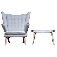 Authentic Teak and Beech Hans Wegner Papa Bear Lounge and Ottoman Circa 1961