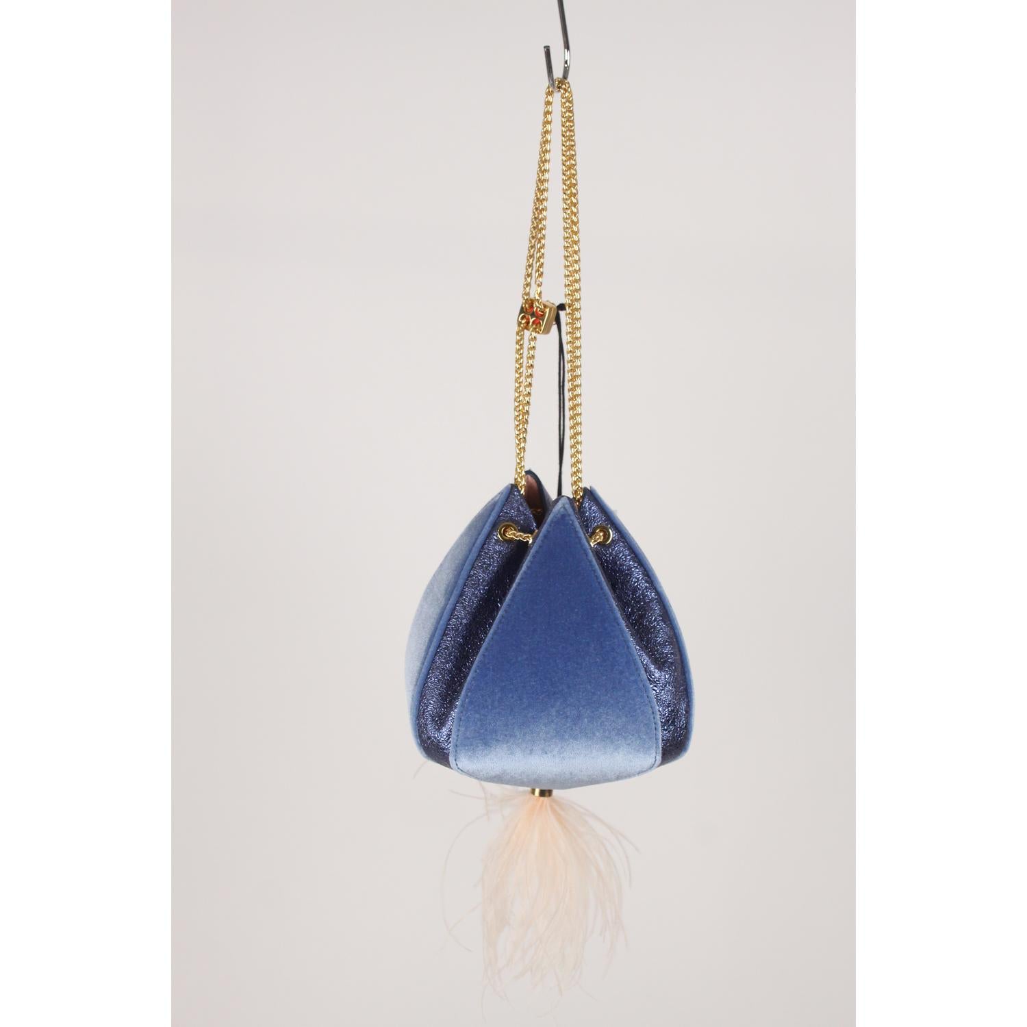 Authentic The Volon Blue Velvet Cindy Feather Evening Shoulder Bucket Bag 4