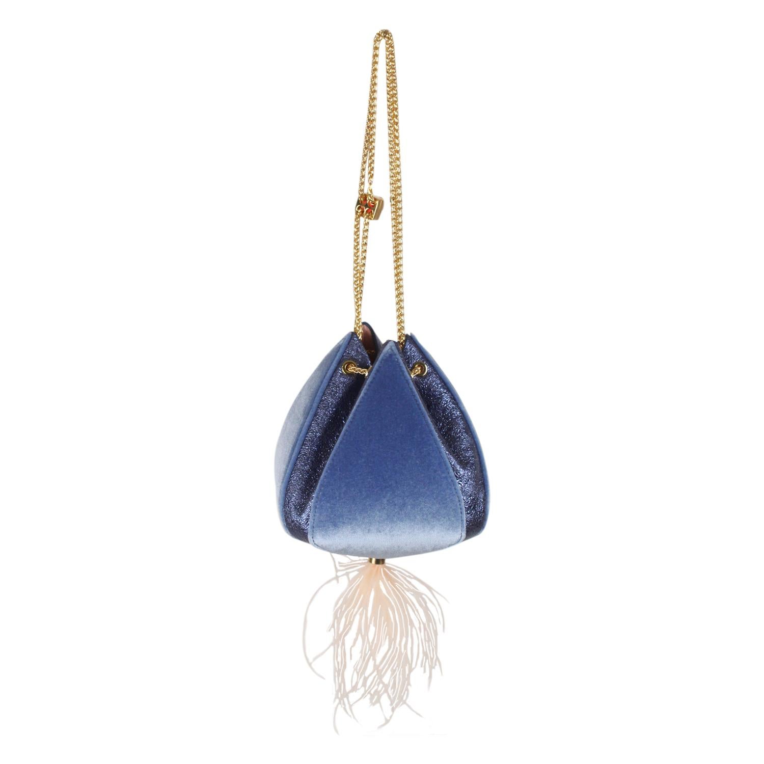 Authentic The Volon Blue Velvet Cindy Feather Evening Shoulder Bucket Bag