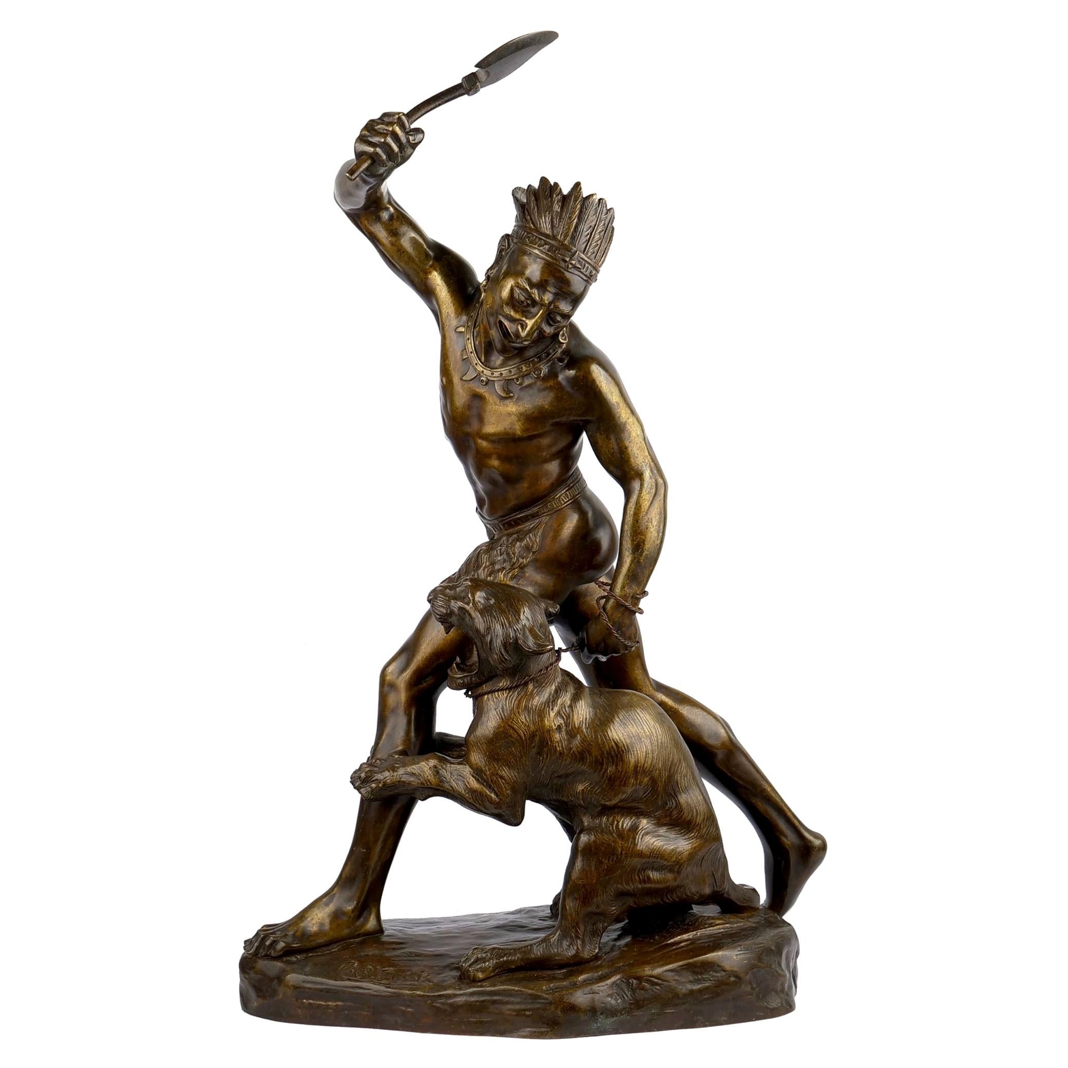 Authentic Thomas Cartier French Bronze Sculpture of Indian Warrior and Lynx
