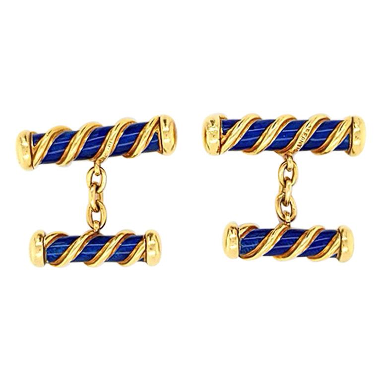 Authentic Tiffany & Co. 18 Karat Gold Schlumberger Blue Navy Enamel Cufflinks